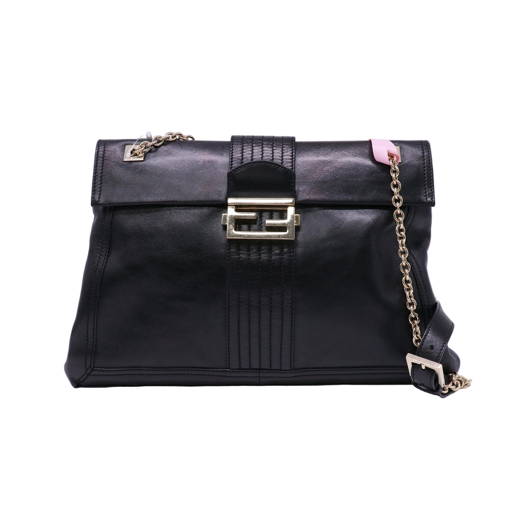 Fendi Black Leather Maxi Baguette Flap Bag Twins LDJ4440