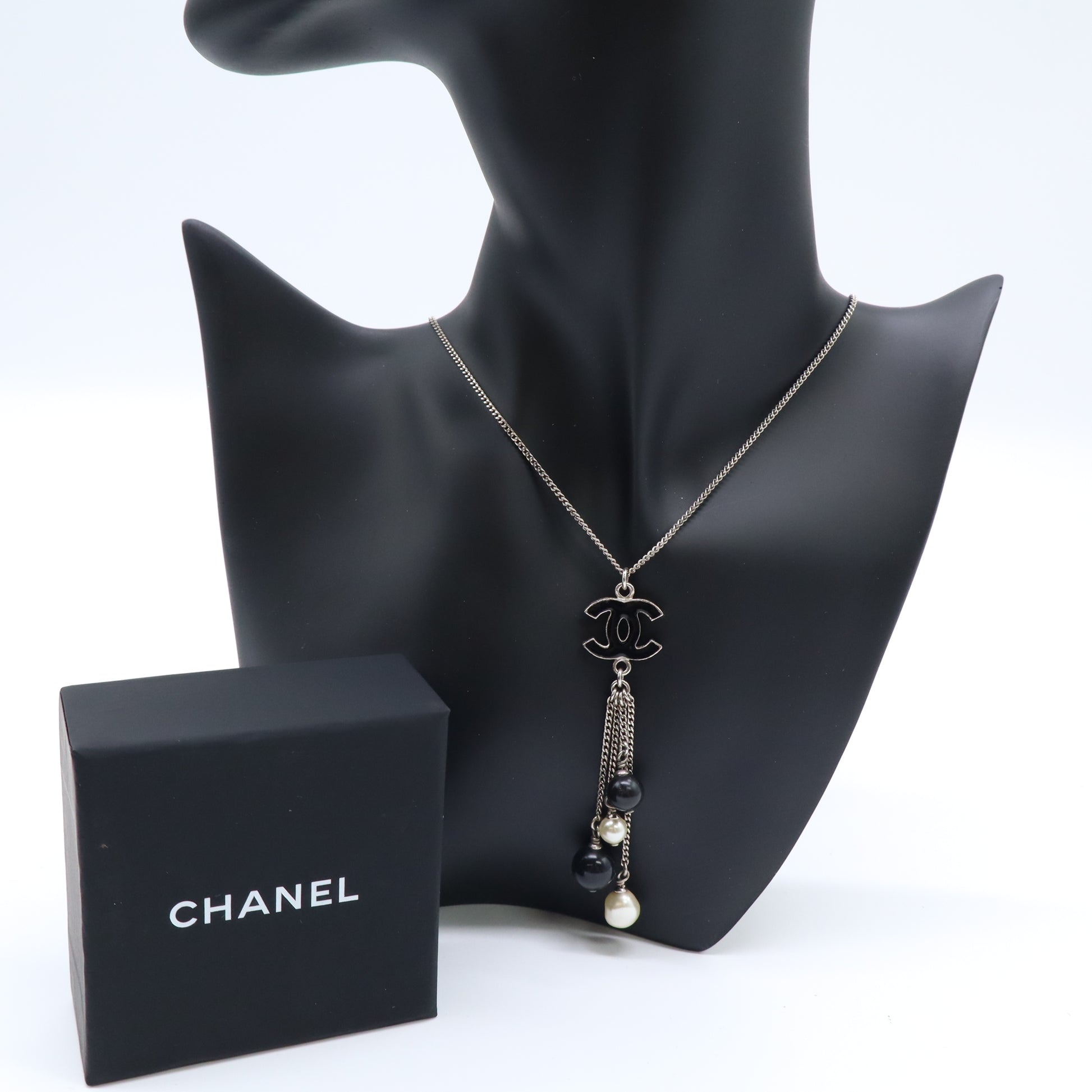 Chanel Enamel Bead Pearl CC Drop Necklace Black Gold Twins W21992