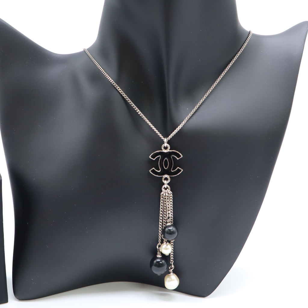 Chanel Enamel Bead Pearl CC Drop Necklace Black Gold Twins W21992