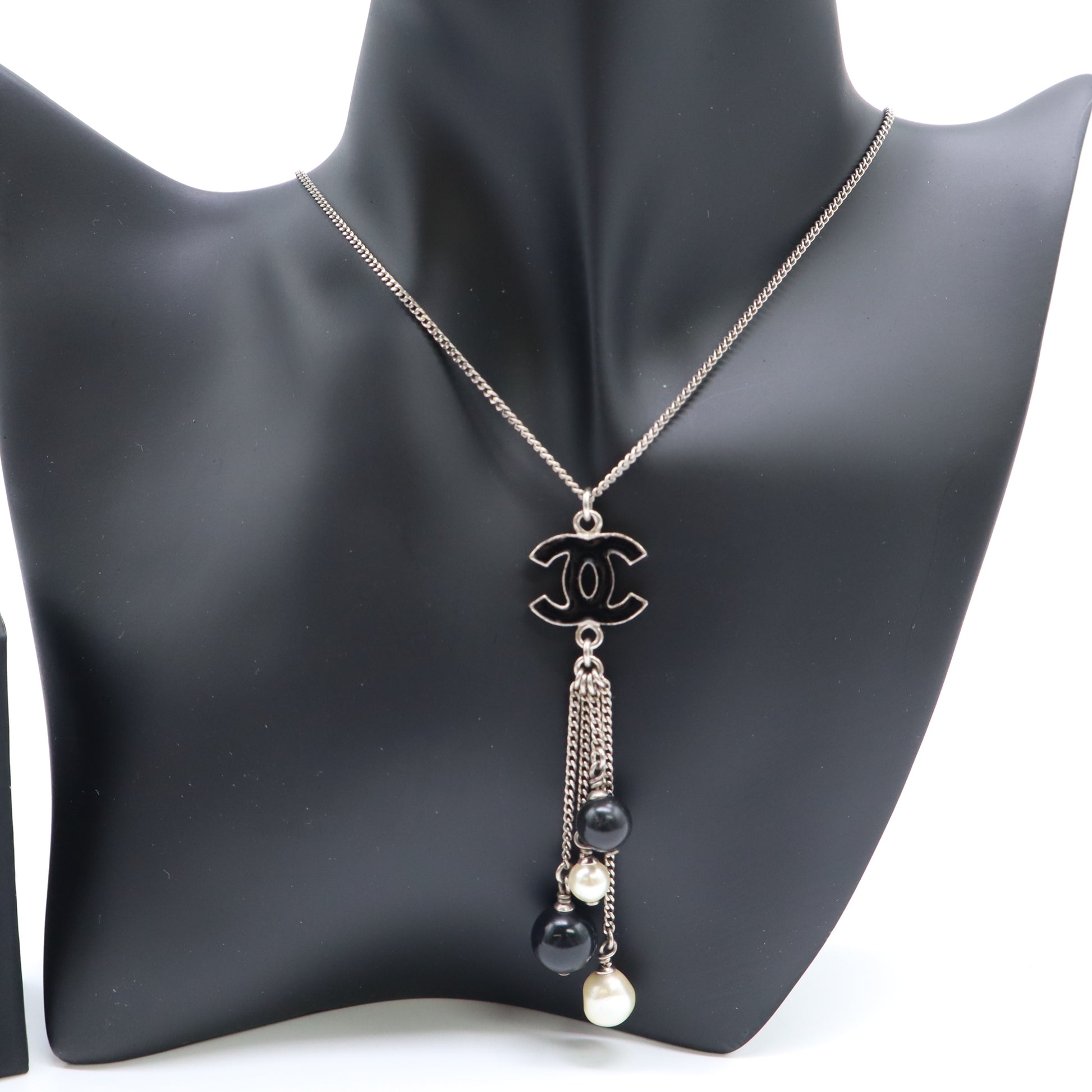 Chanel Enamel Bead Pearl CC Drop Necklace Black Gold Twins W21992