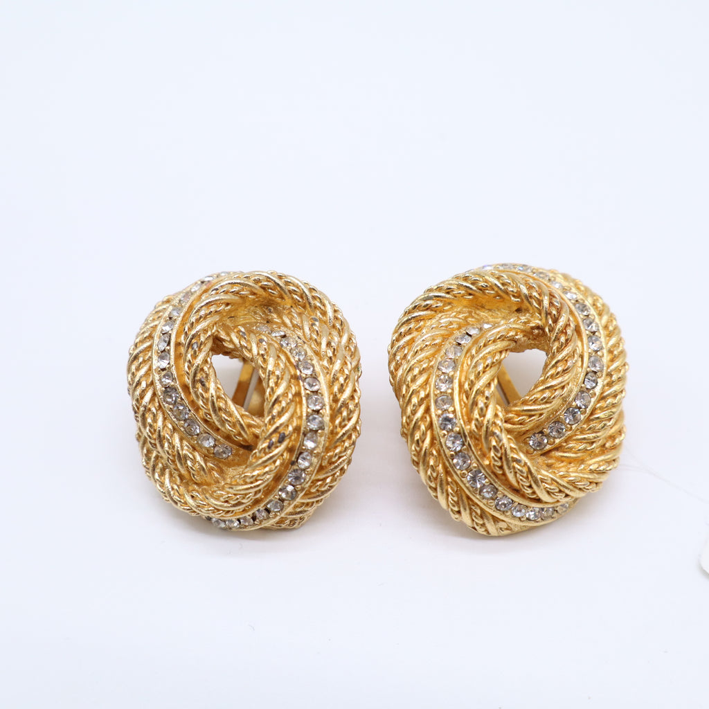 Dior Gold Tone Twisted Rope Crystal Clip-On Earrings Twins LDJ4429