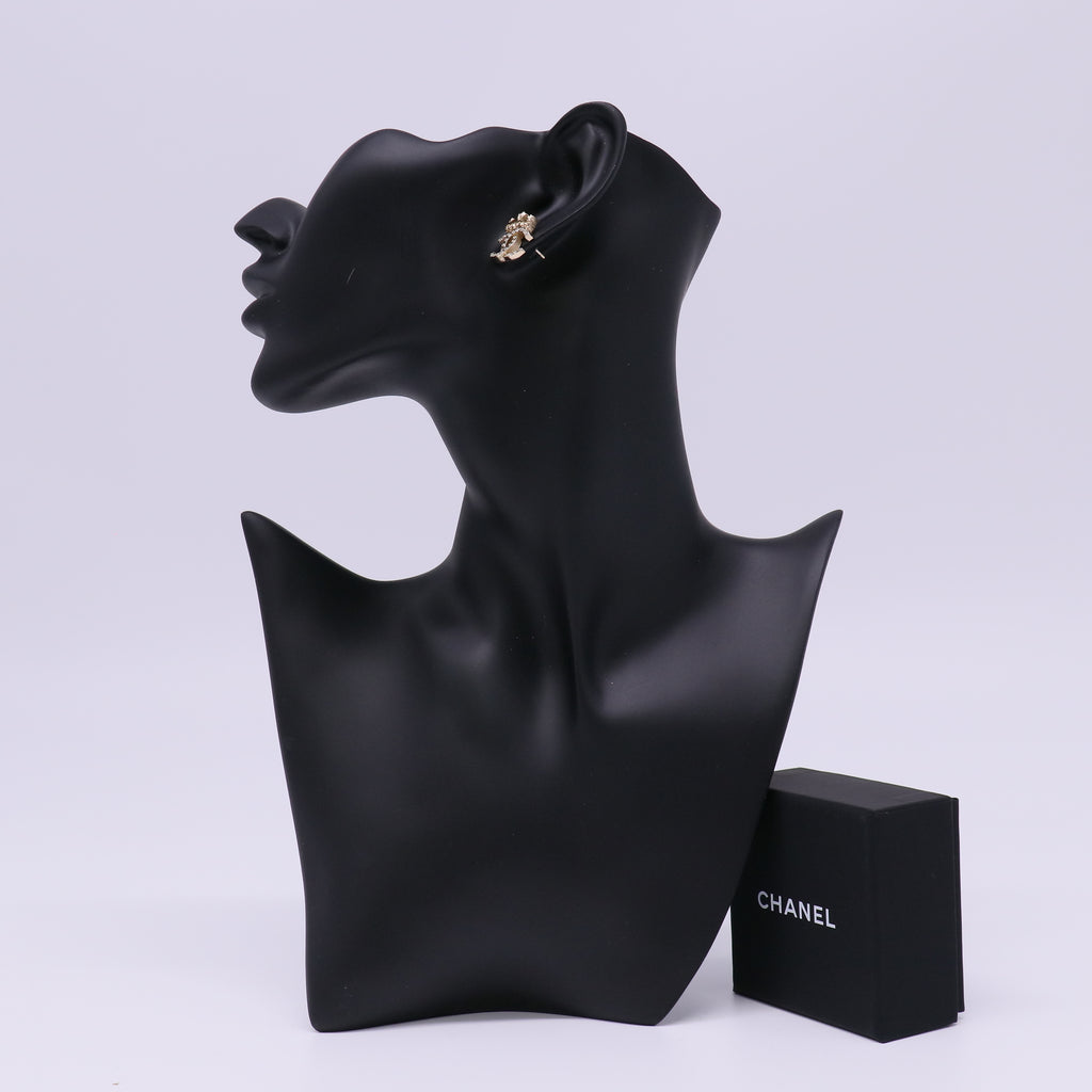 Chanel Crystal CC Crown Earrings Gold Twins LDJ4463