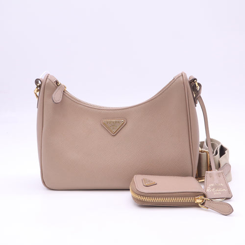 Prada Re-Edition 2005 Saffiano Leather Mini Hobo Bag Cameo Beige Twins LDZ1120