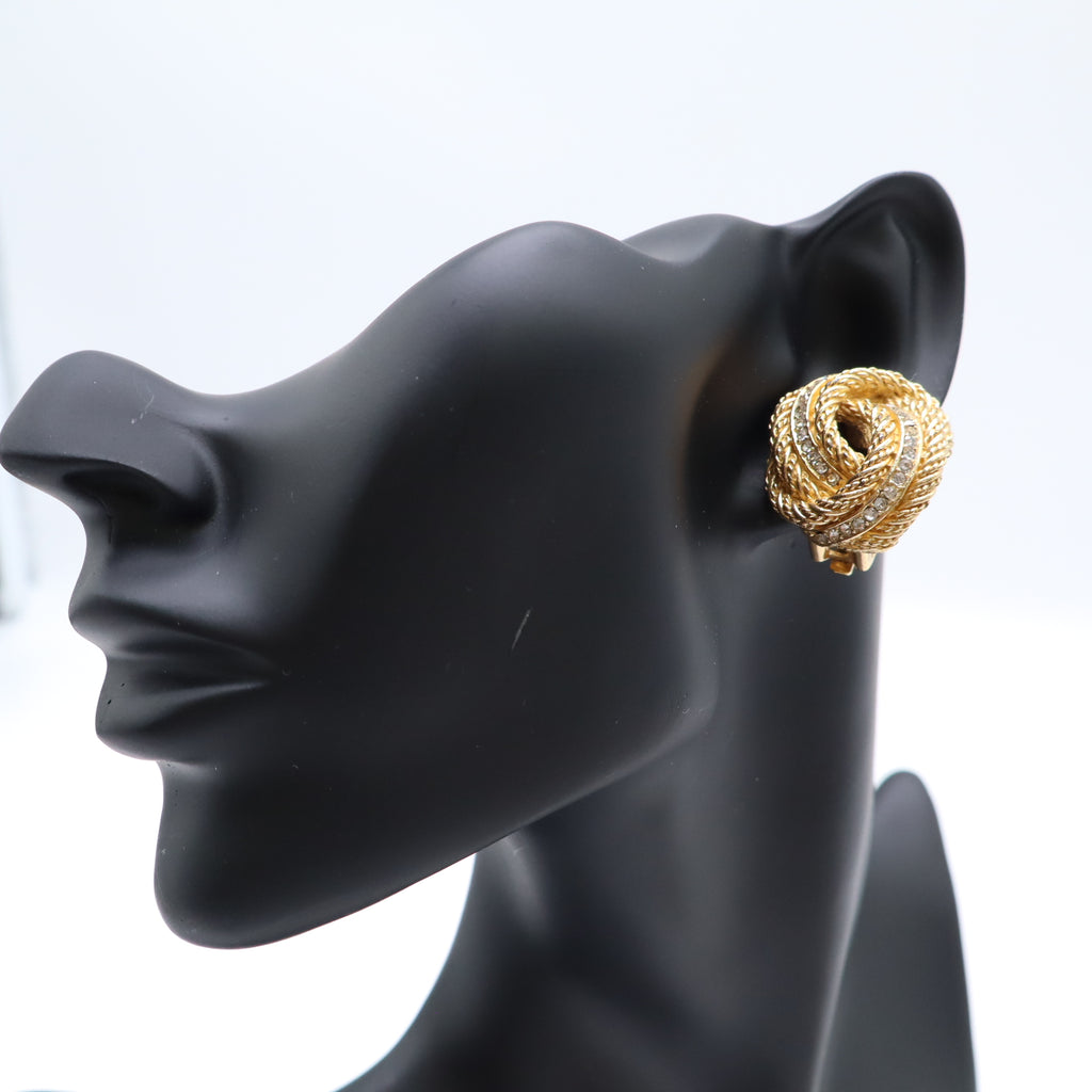 Dior Gold Tone Twisted Rope Crystal Clip-On Earrings Twins LDJ4429