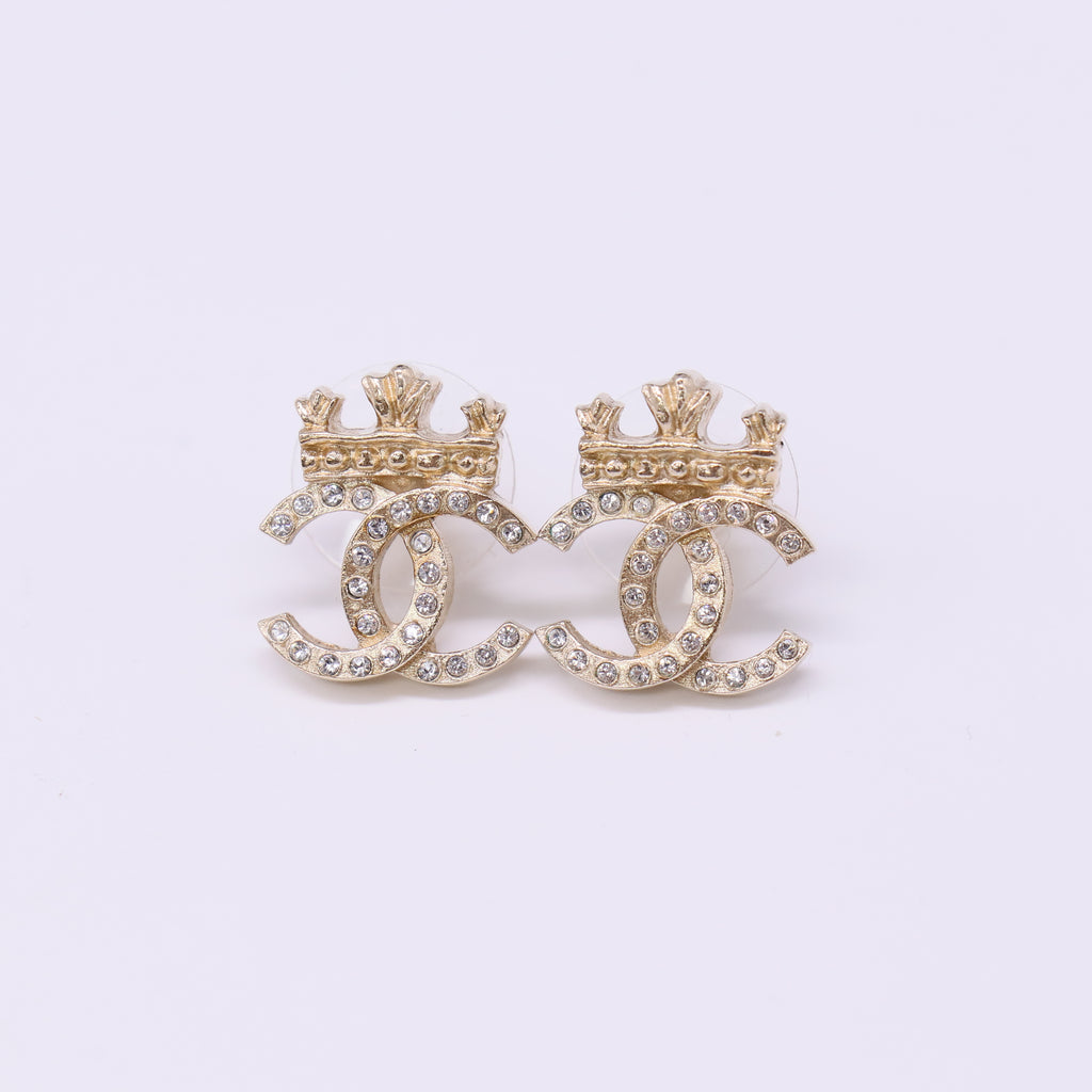 Chanel Crystal CC Crown Earrings Gold Twins LDJ4463