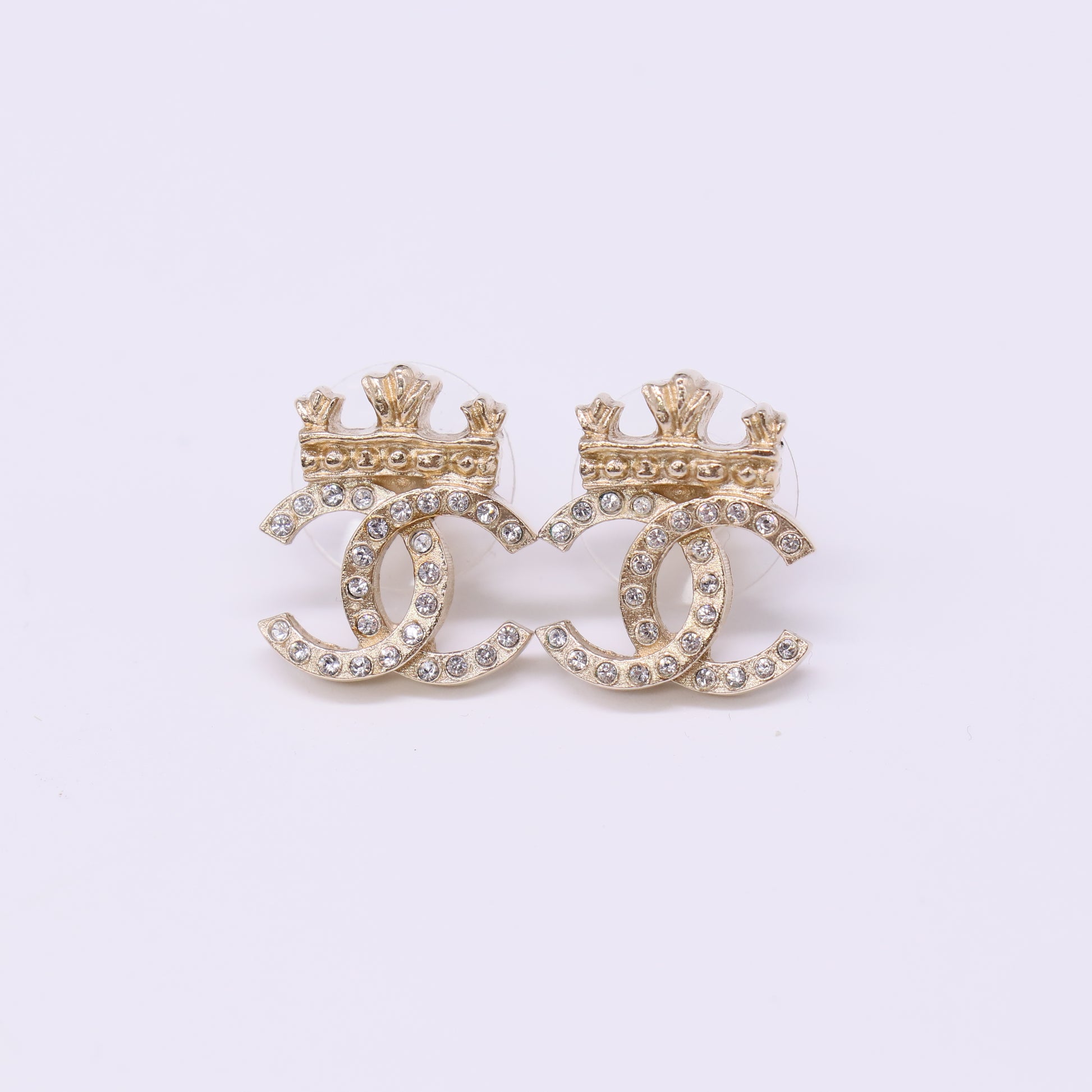 Chanel Crystal CC Crown Earrings Gold Twins LDJ4463