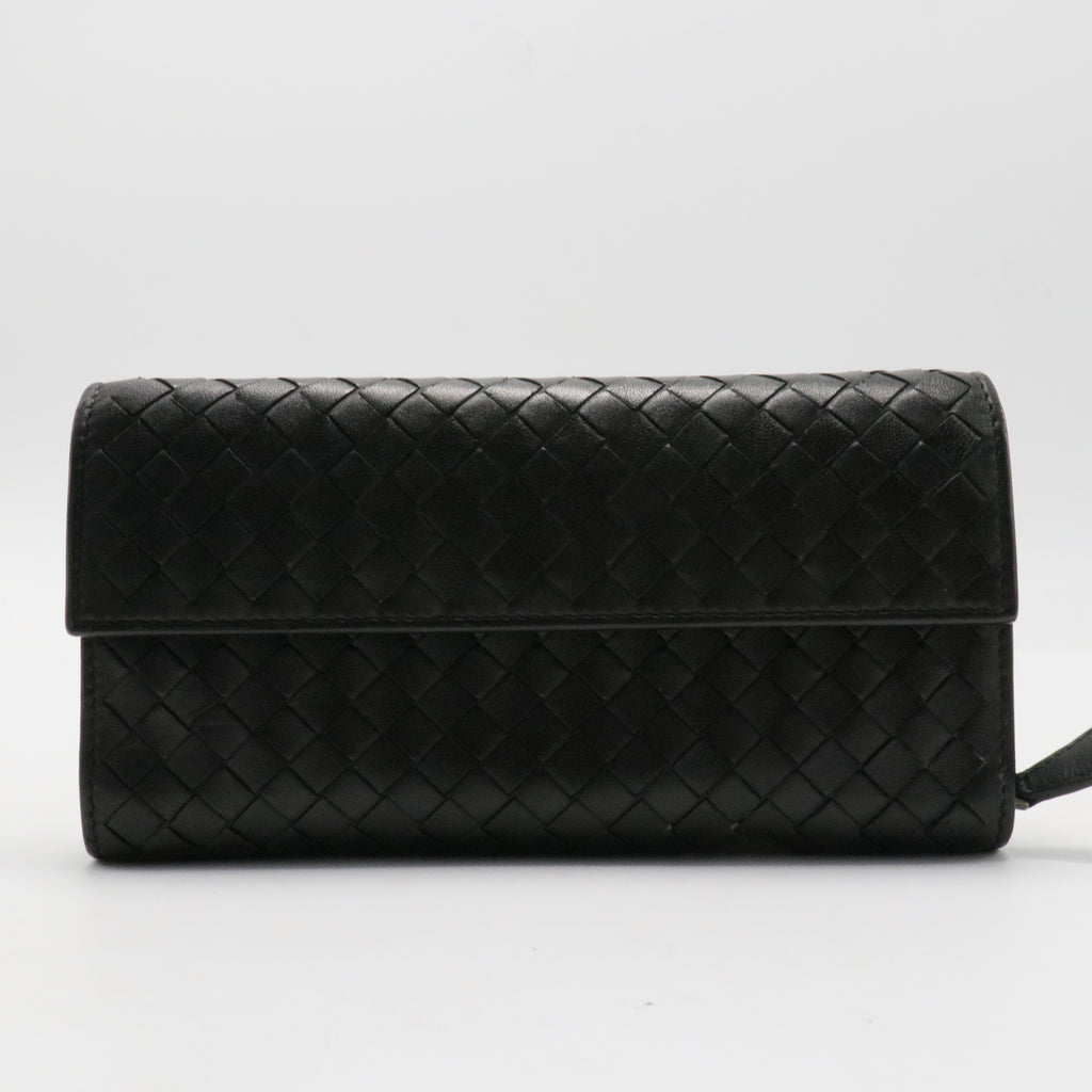 Black Intrecciato Leather Flap Continental Wallet