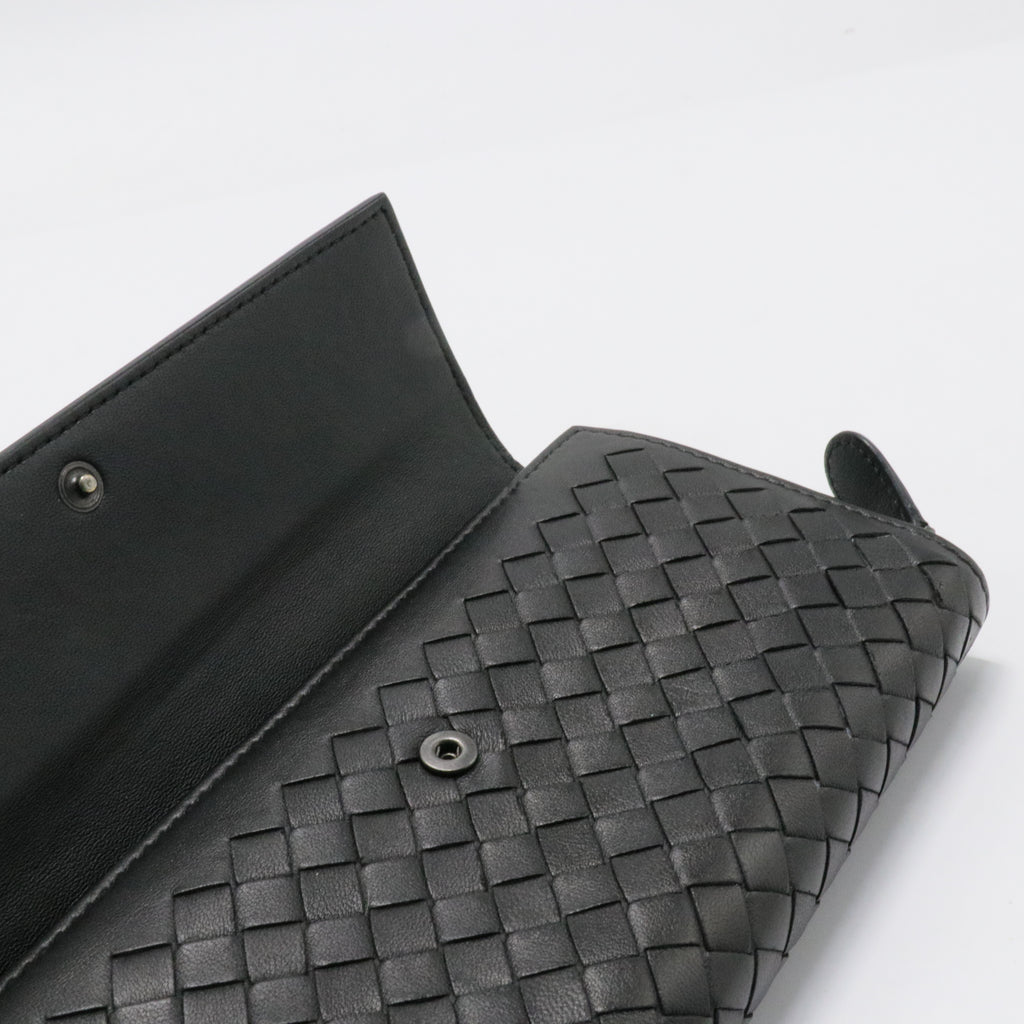 Black Intrecciato Leather Flap Continental Wallet