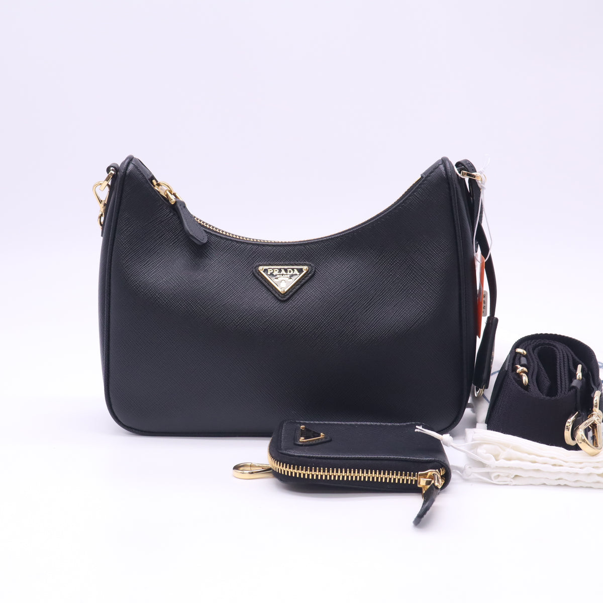 Prada Re-Edition 2005 Saffiano Leather Mini Hobo Bag Black Gold Hardware Twins LDZ1119