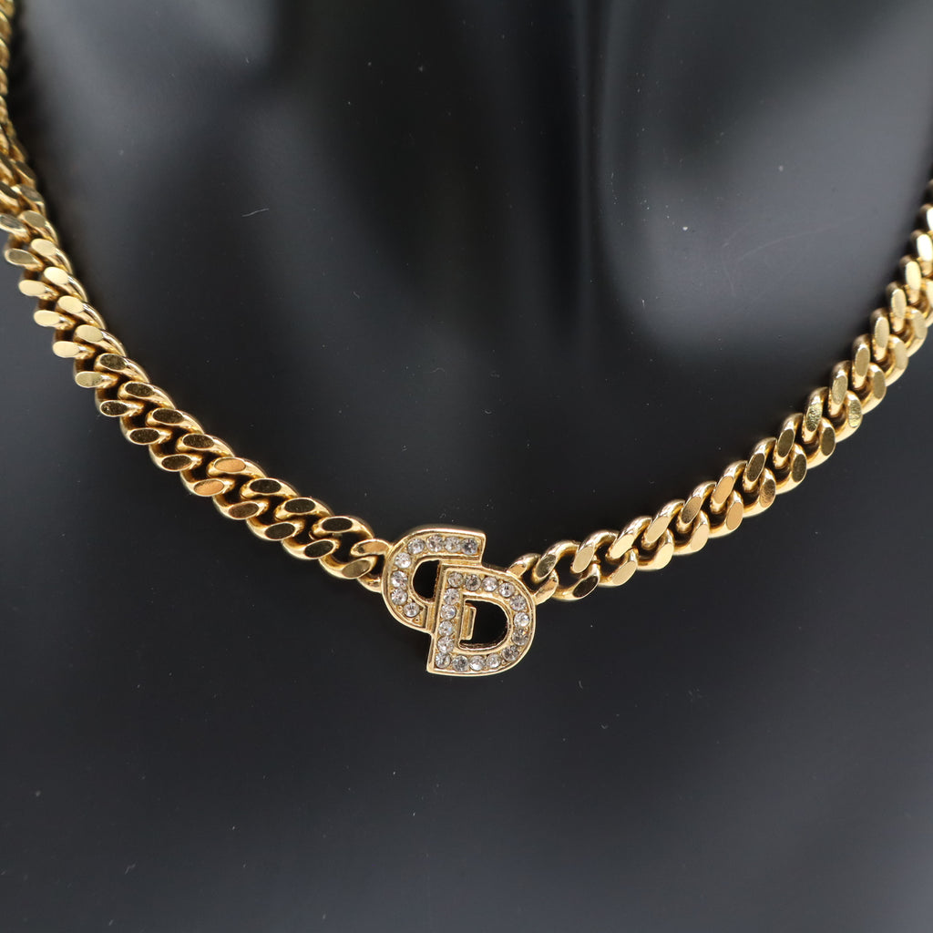 Christian Dior Vintage Crystal CD Chain Necklace Twins LDJ4433