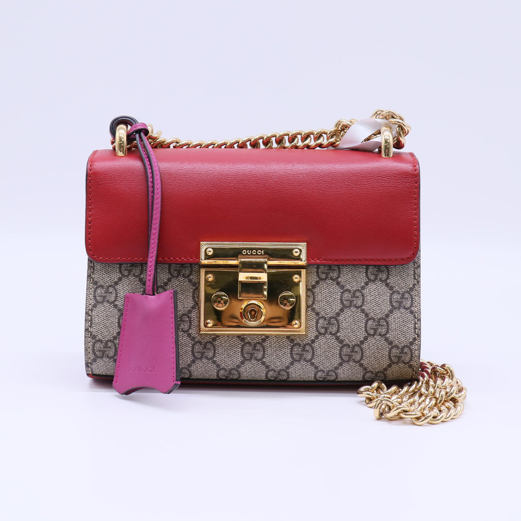 GG Supreme Monogram Calfskin Small Padlock Shoulder Bag Beige Hibiscus Red New Rosette B21617