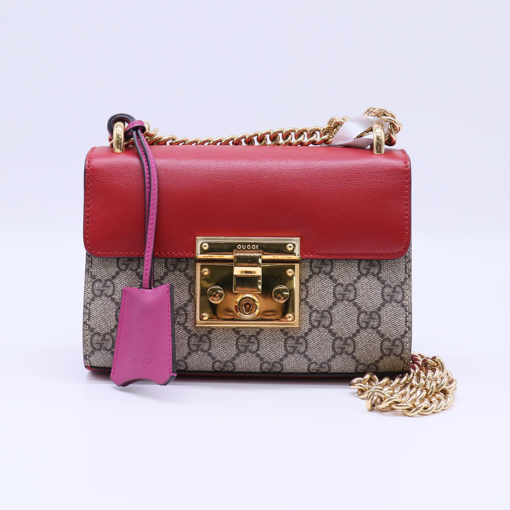 GG Supreme Monogram Calfskin Small Padlock Shoulder Bag Beige Hibiscus Red New Rosette B21617