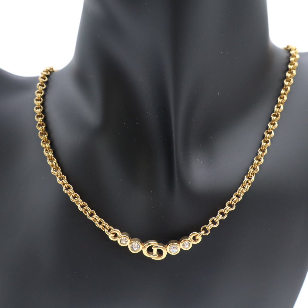 Christian Dior Crystal CD Chain Necklace Gold Twins LDJ4436