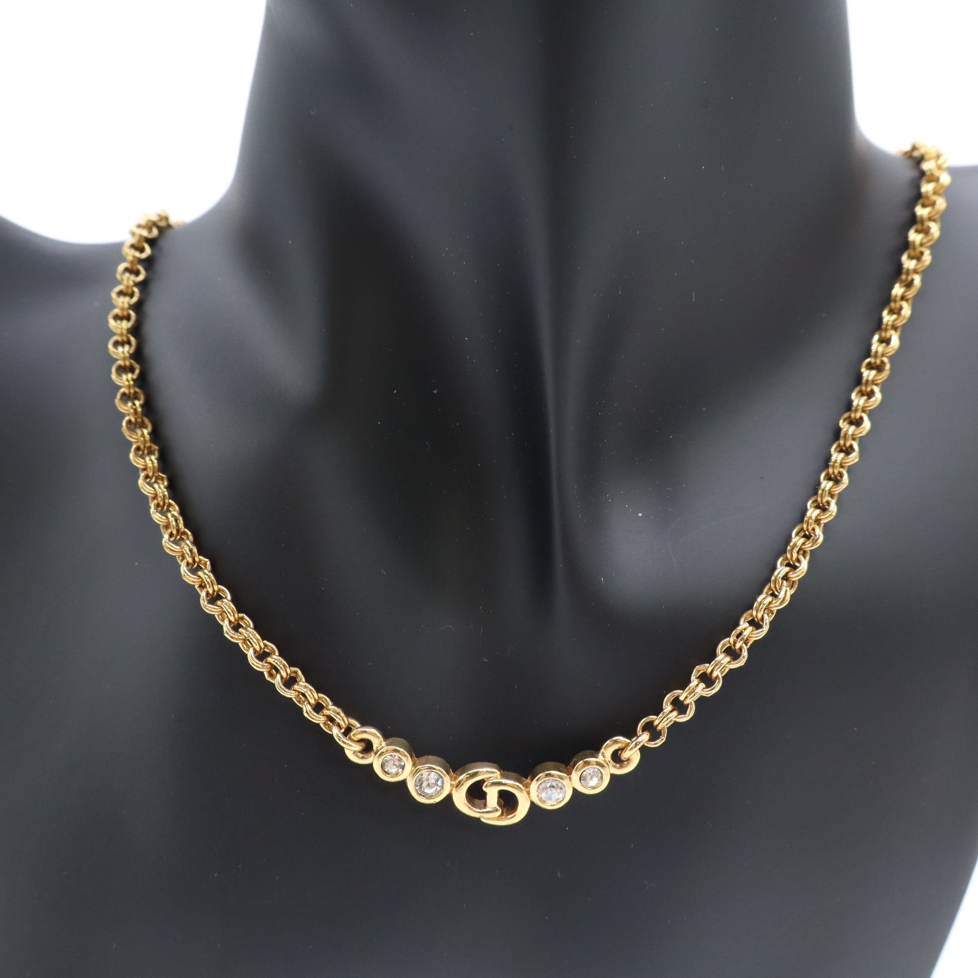 Christian Dior Crystal CD Chain Necklace Gold Twins LDJ4436