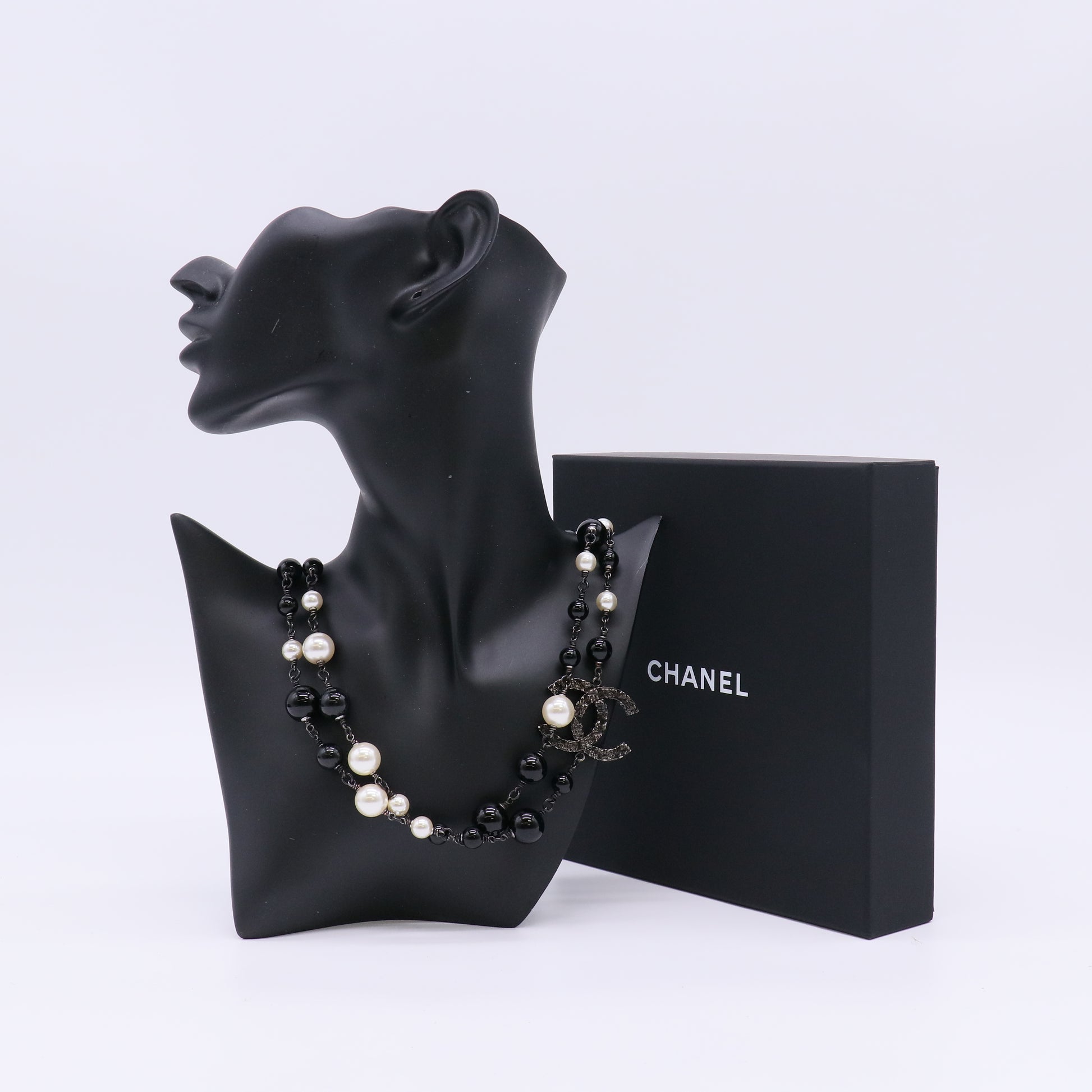 Chanel Metal Bead CC Necklace Silver Black W23061