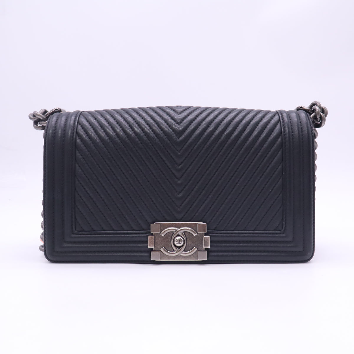 Chanel Black Chevron Quilted Calfskin Leather Whipstitch Medium Boy Bag Twins LDZ1118