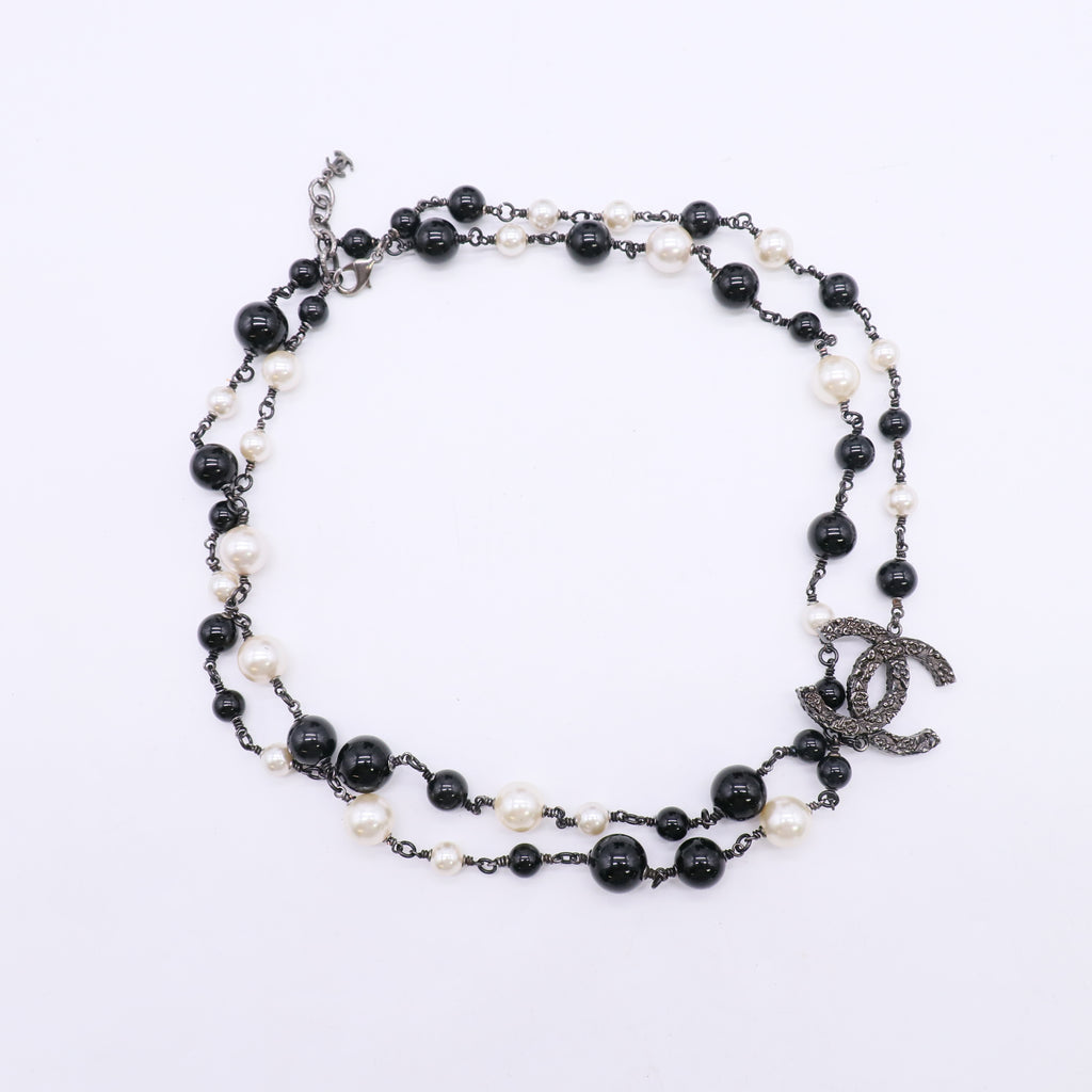 Chanel Metal Bead CC Necklace Silver Black W23061
