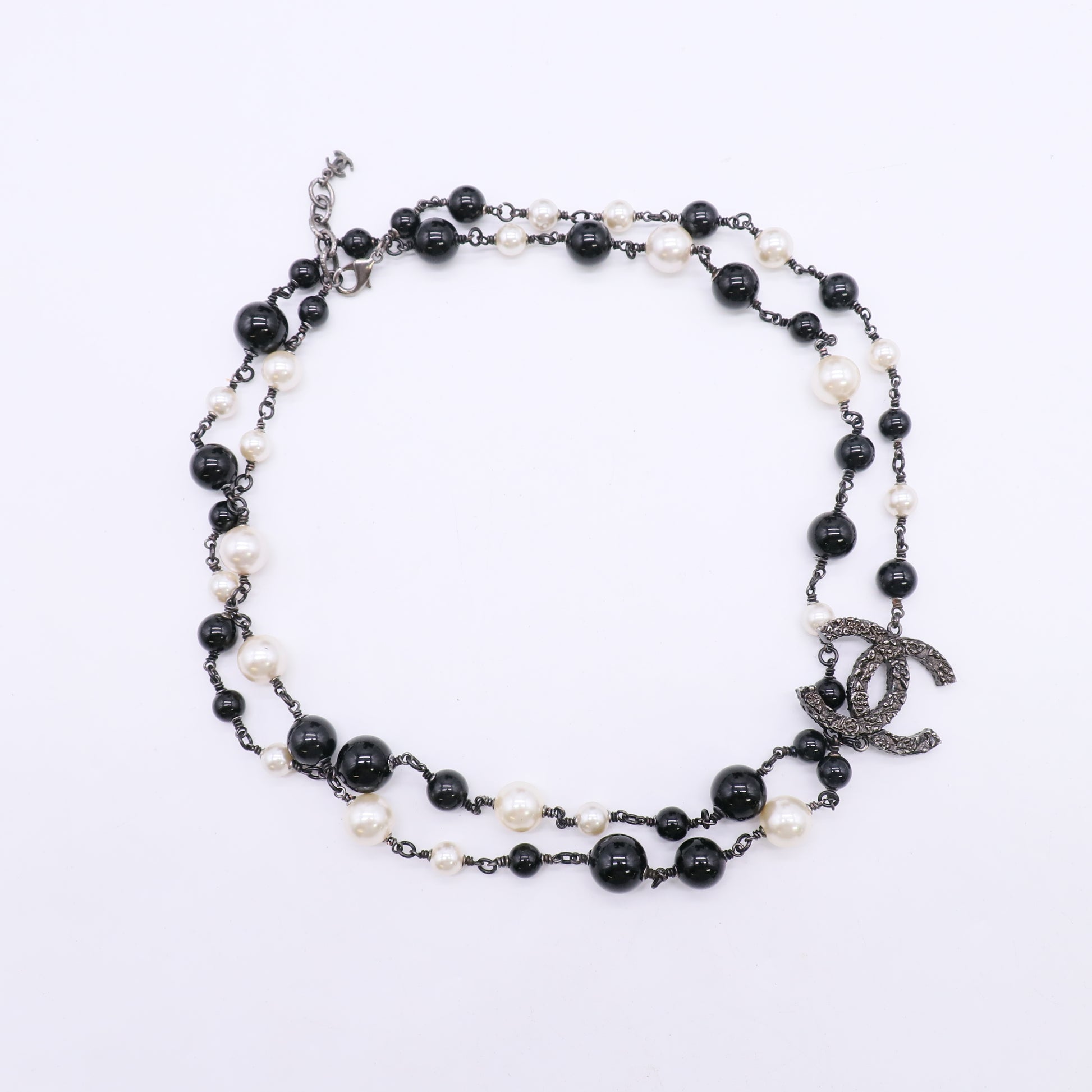 Chanel Metal Bead CC Necklace Silver Black W23061