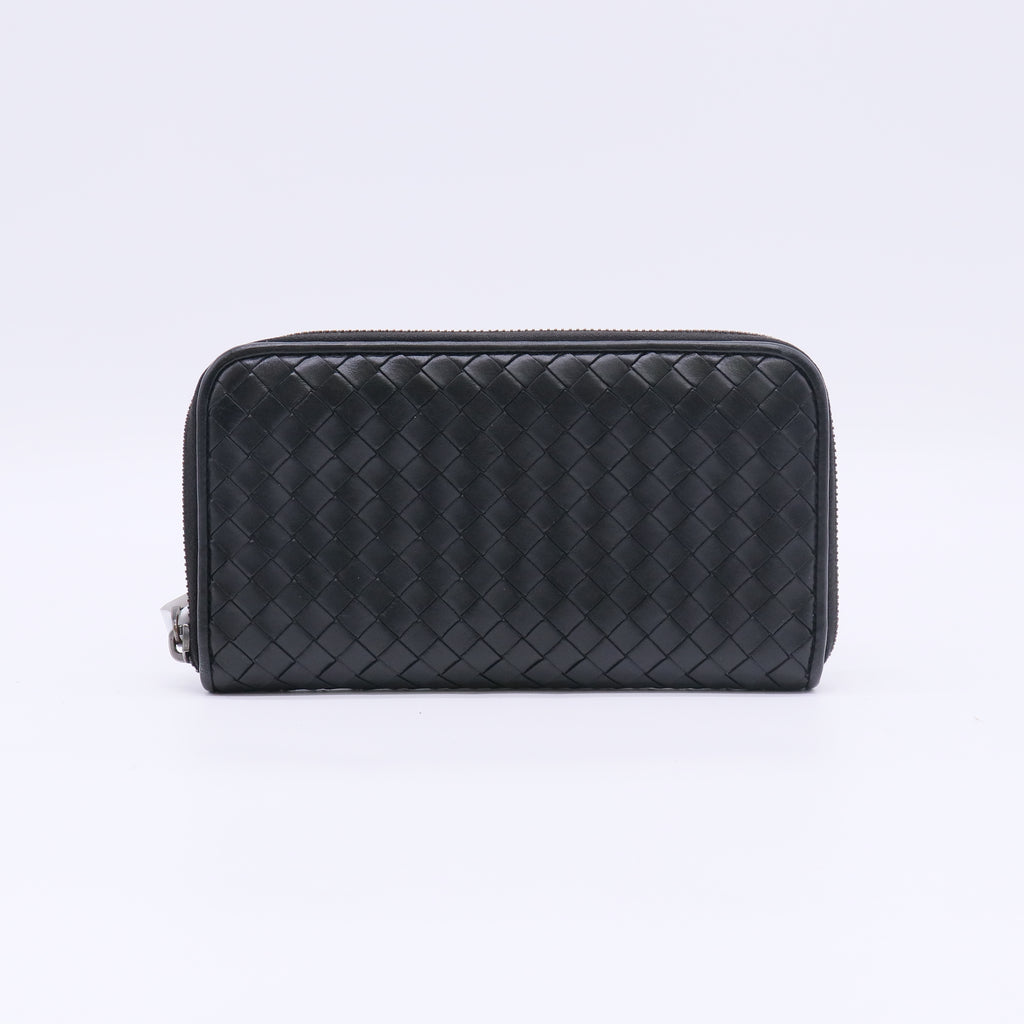 Black Intrecciato Woven Nappa Leather Zip Around Wallet W22693