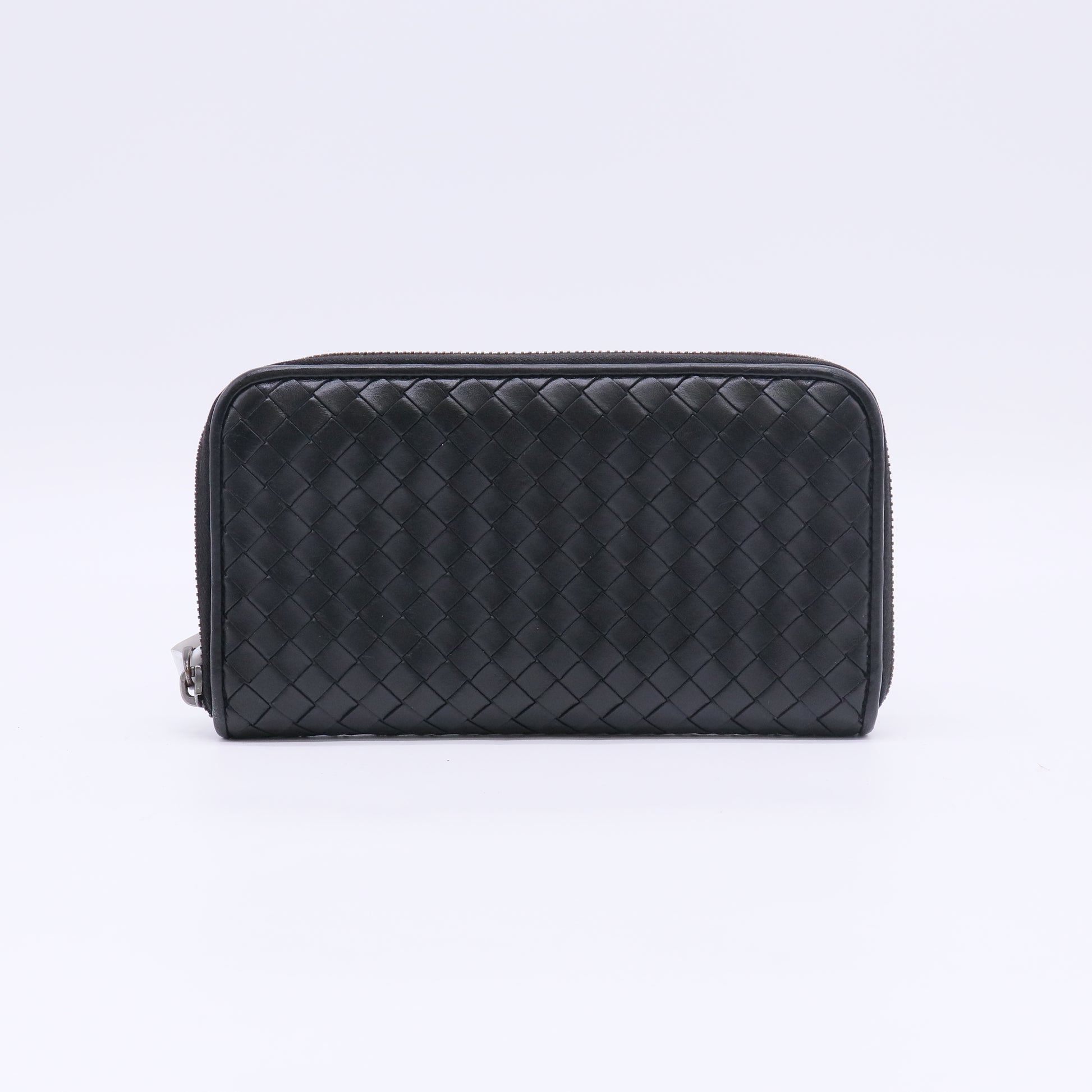 Black Intrecciato Woven Nappa Leather Zip Around Wallet W22693