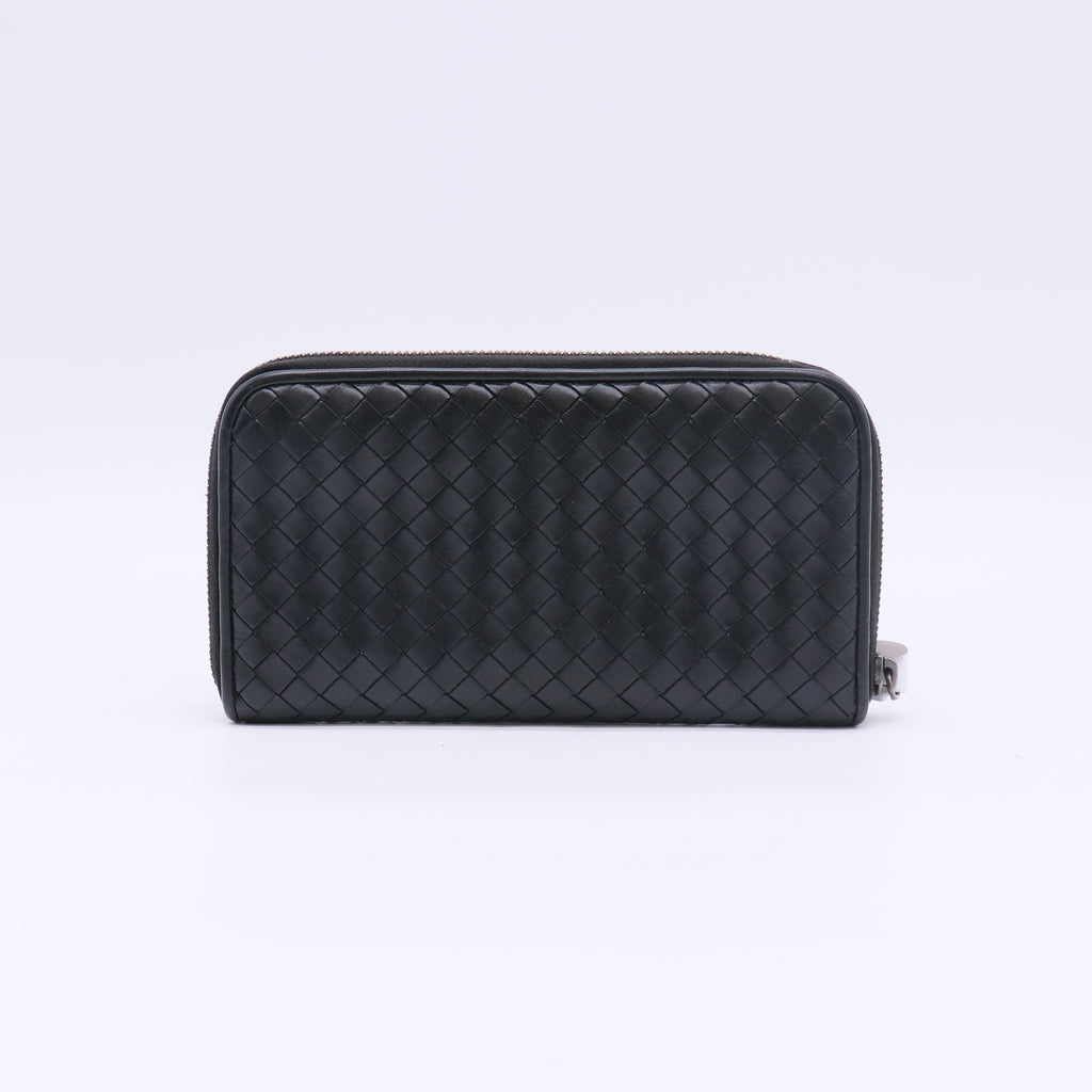 Black Intrecciato Woven Nappa Leather Zip Around Wallet W22693
