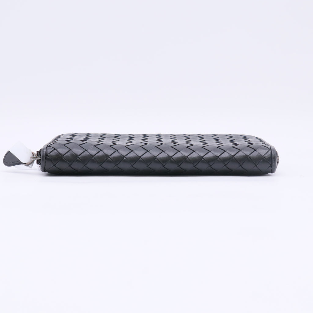 Black Intrecciato Woven Nappa Leather Zip Around Wallet W22693