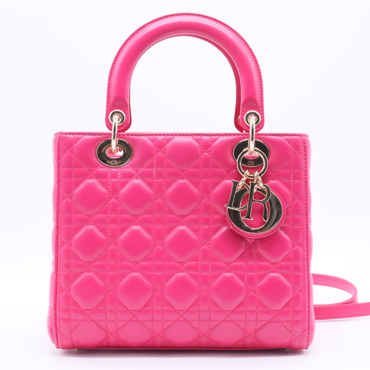 Fuchsia Cannage Quilted Lambskin Leather Medium Lady Dior Bag twins