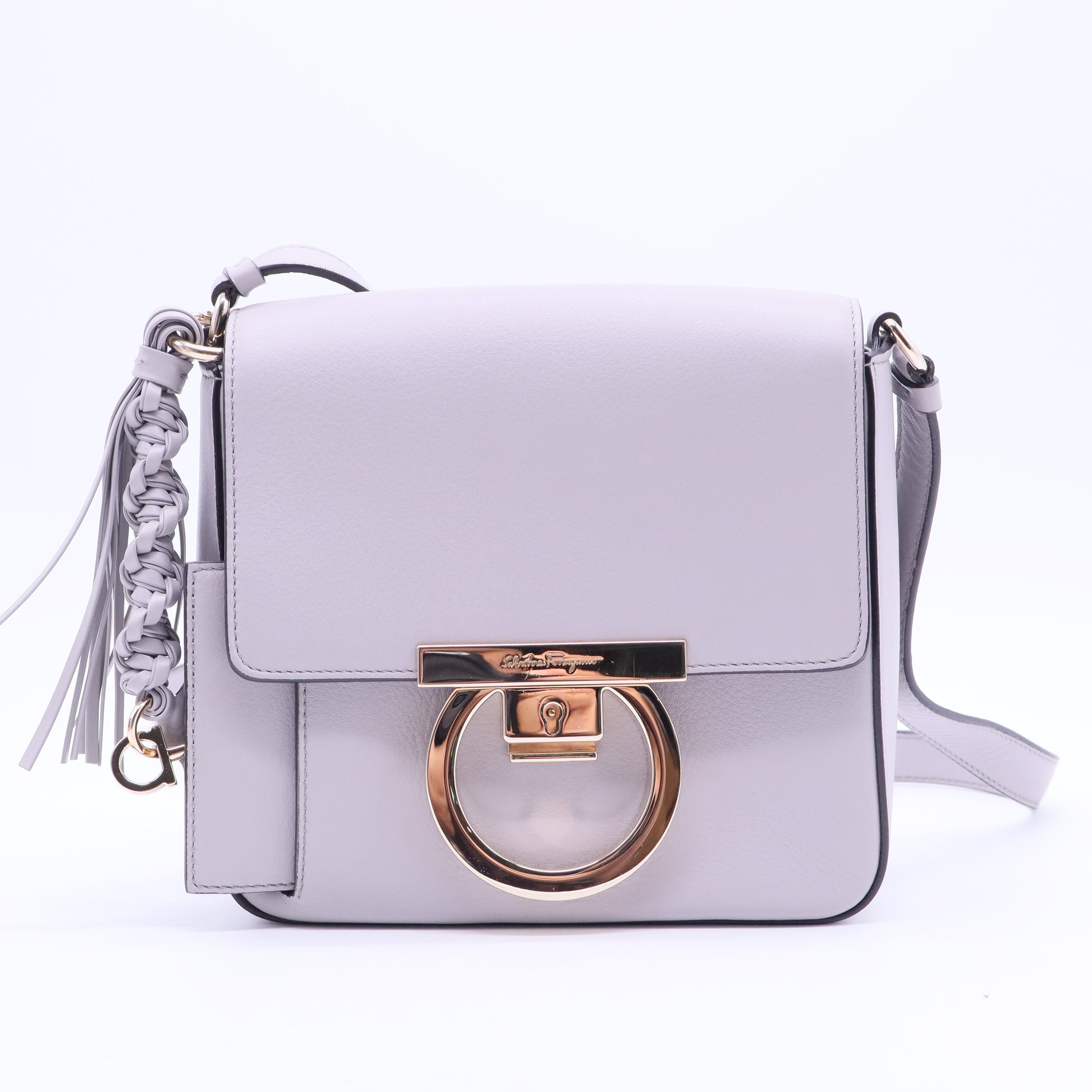 Tassel Gancini Lock Flap Shoulder Bag Leather Mini Gray B20302