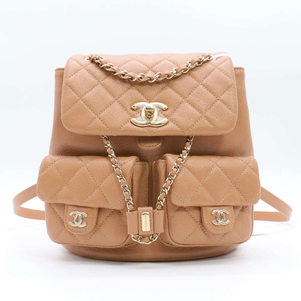 Shiny Caviar Quilted Small Duma Pockets Drawstring Backpack Dark Beige twins