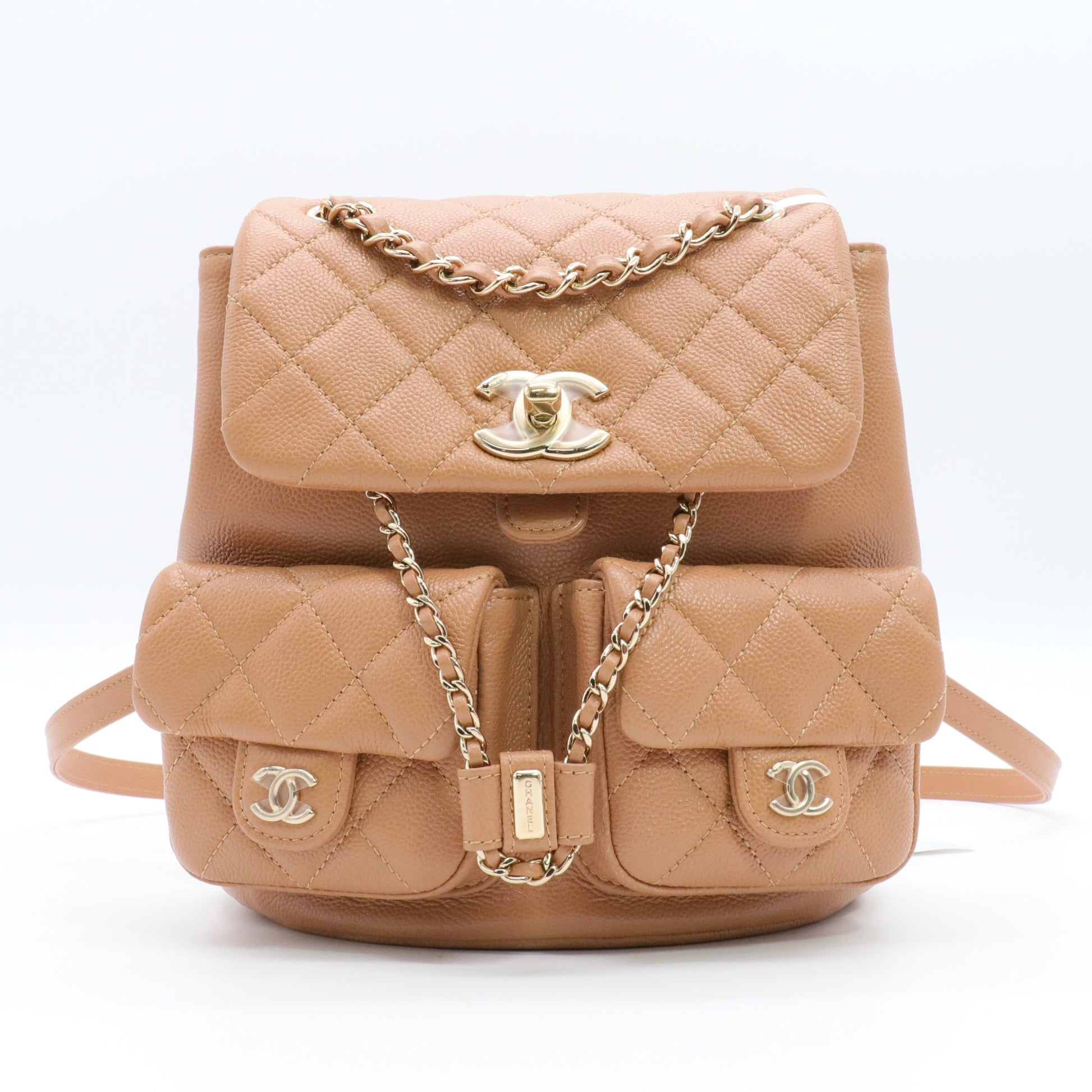 Shiny Caviar Quilted Small Duma Pockets Drawstring Backpack Dark Beige twins
