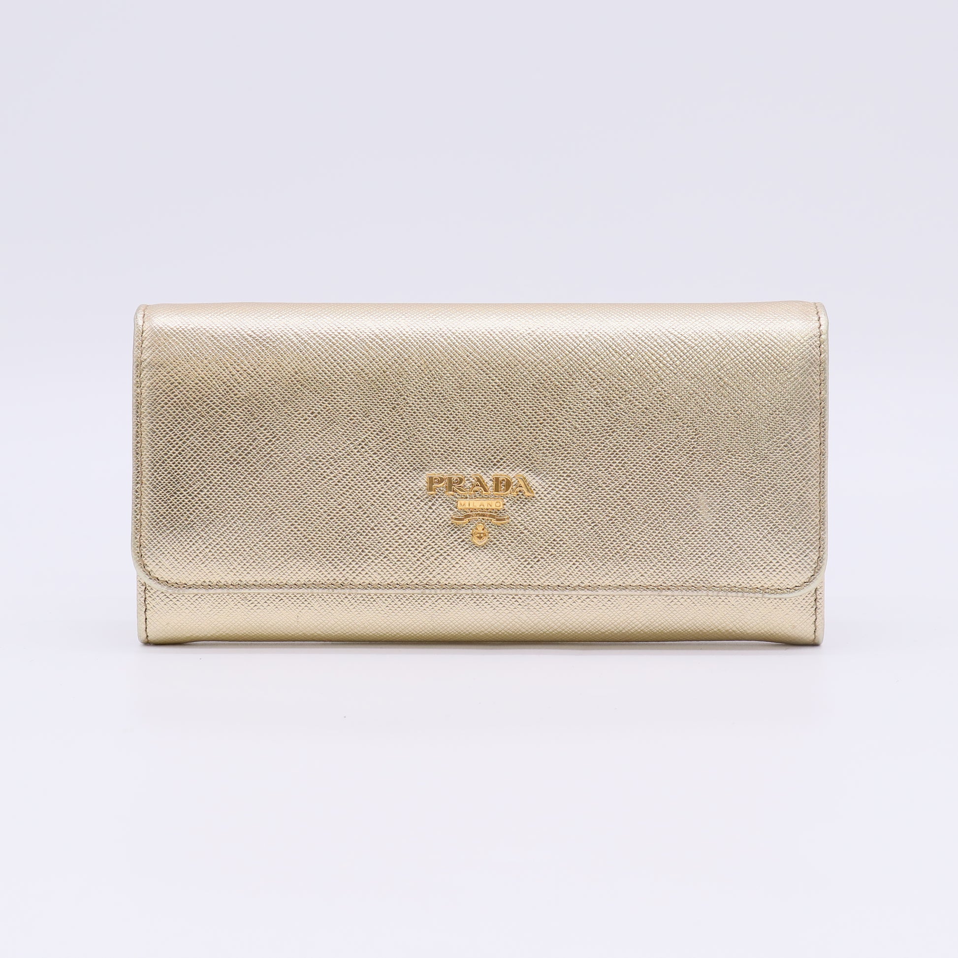 Gold Saffiano Metal Leather Logo Flap Continental Wallet W22704