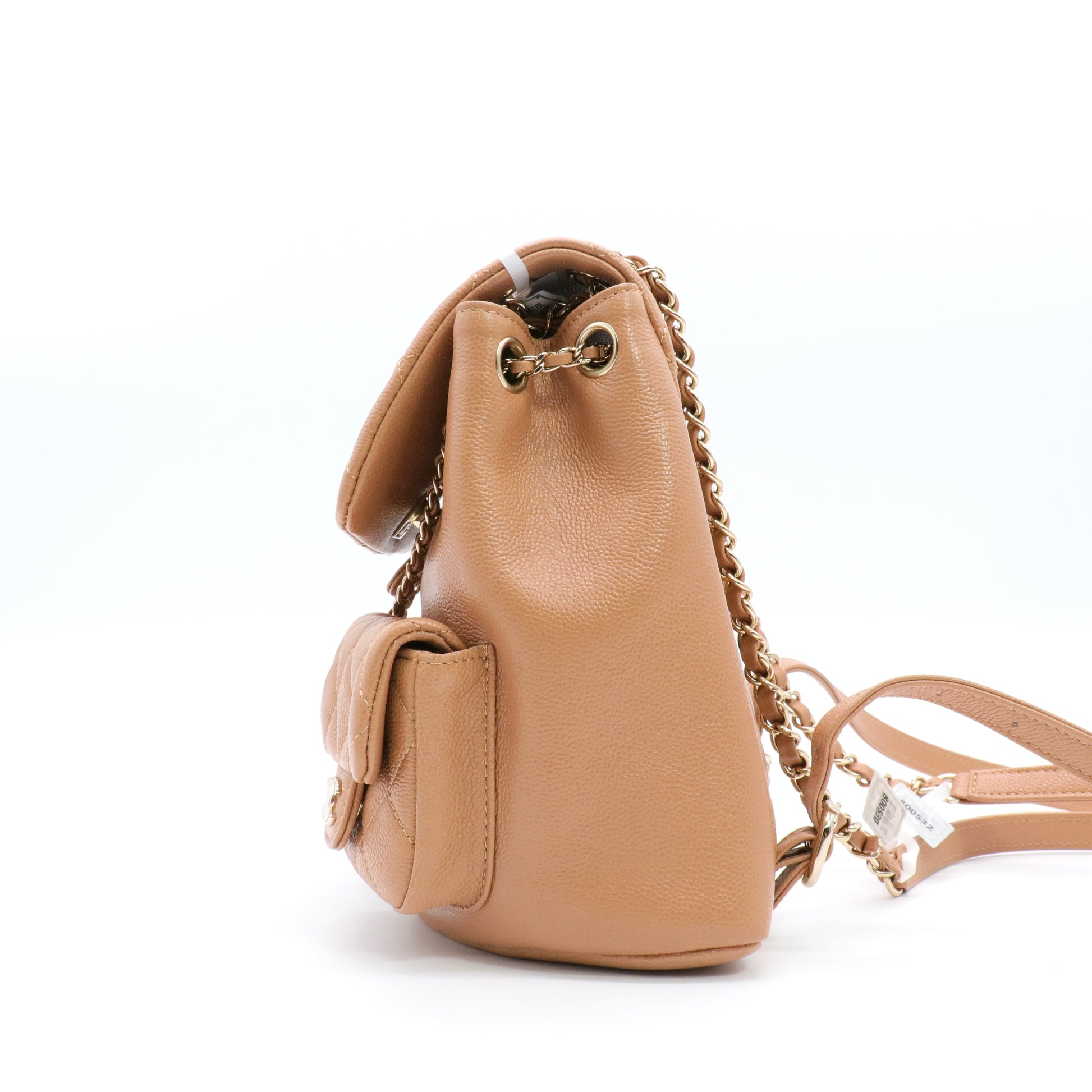 Shiny Caviar Quilted Small Duma Pockets Drawstring Backpack Dark Beige twins