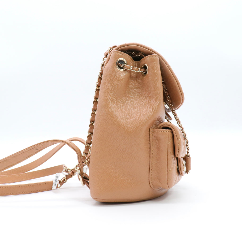 Shiny Caviar Quilted Small Duma Pockets Drawstring Backpack Dark Beige twins