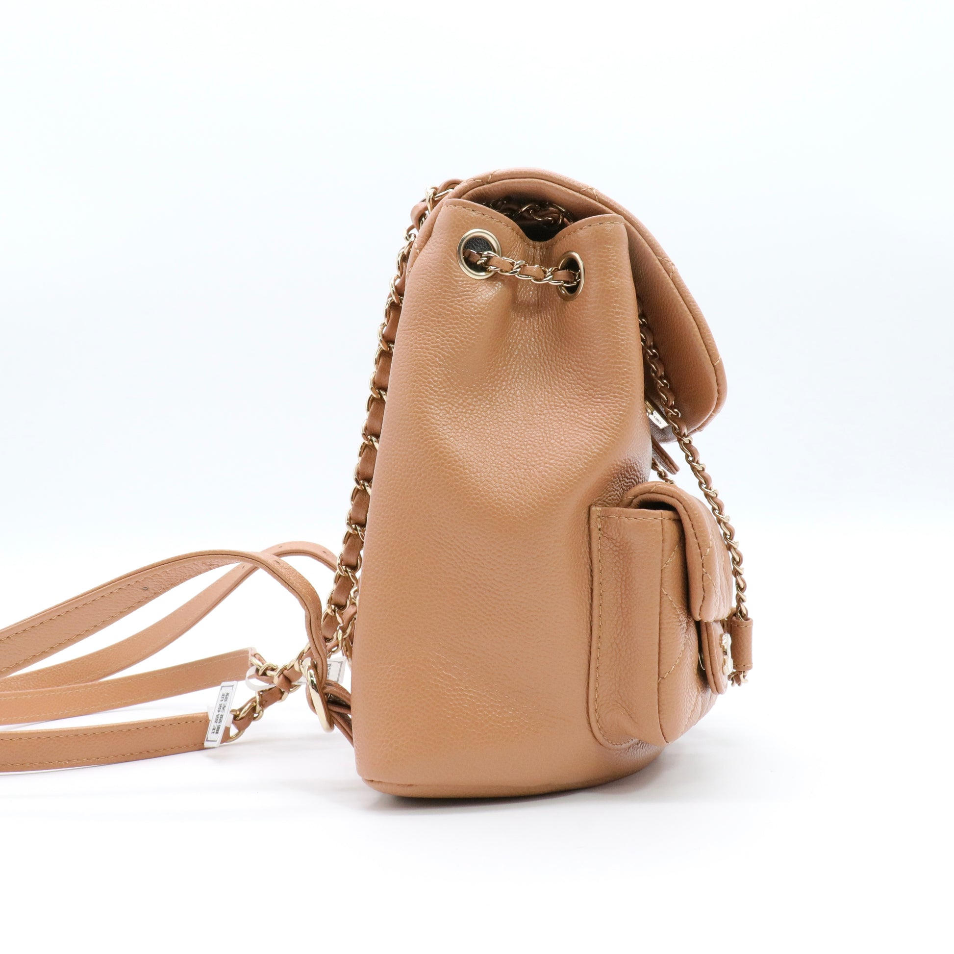 Shiny Caviar Quilted Small Duma Pockets Drawstring Backpack Dark Beige twins