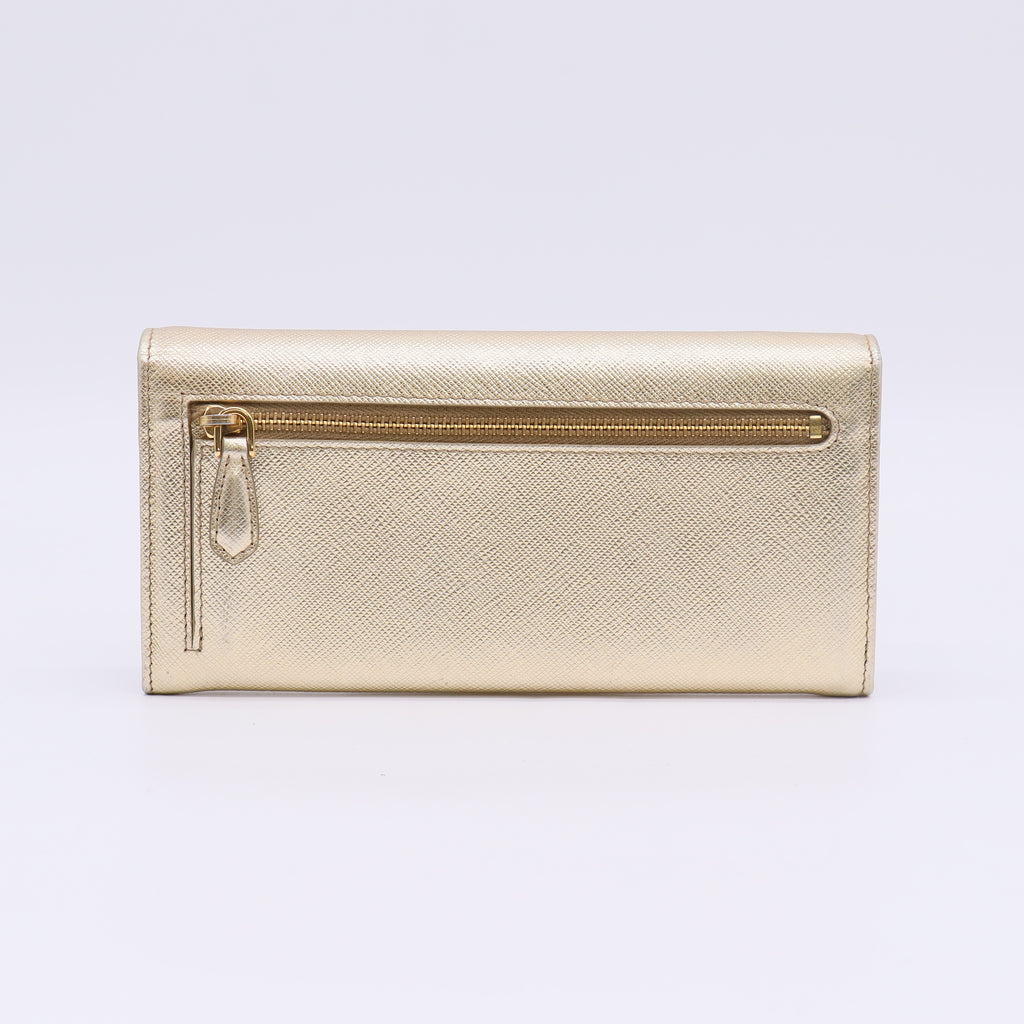 Gold Saffiano Metal Leather Logo Flap Continental Wallet W22704