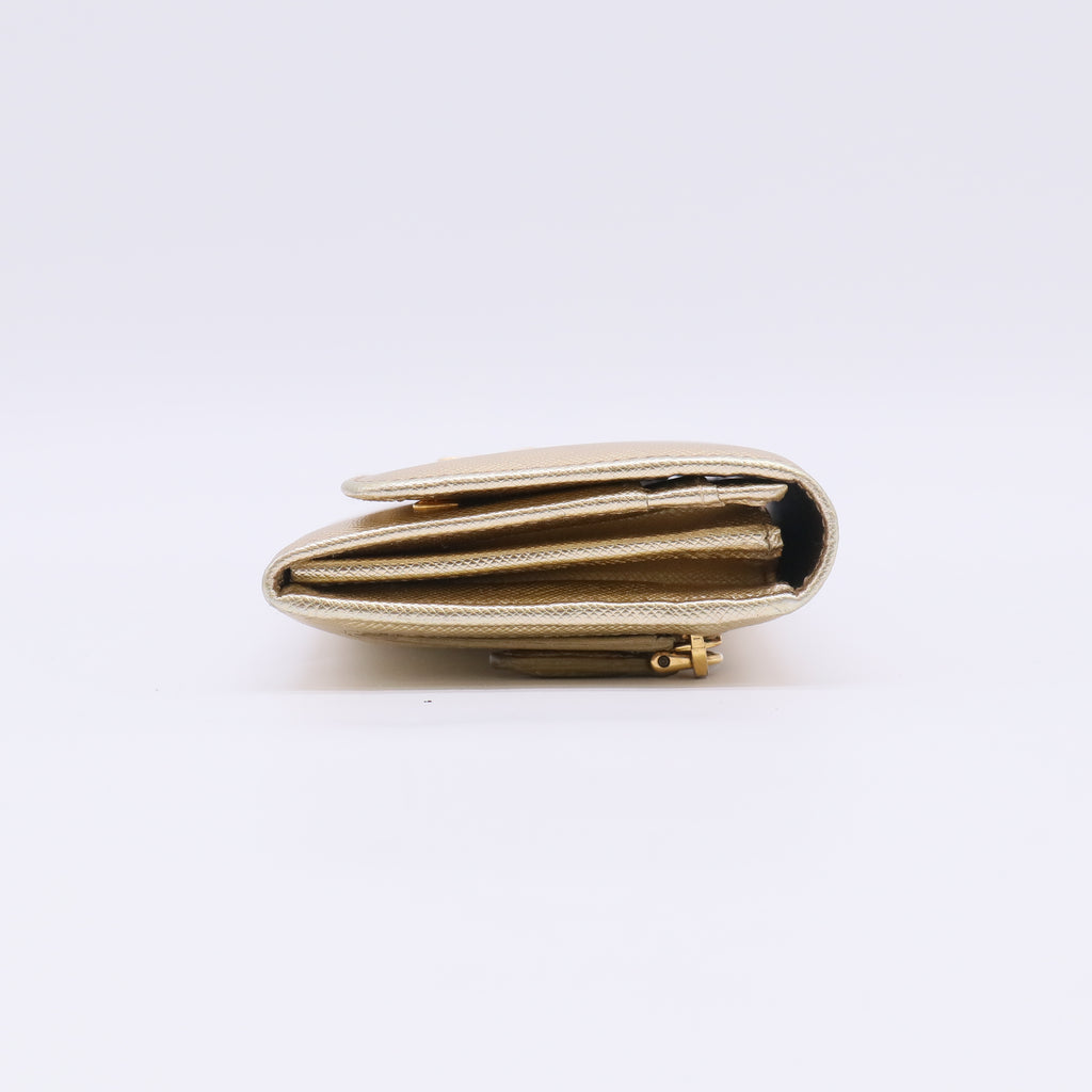Gold Saffiano Metal Leather Logo Flap Continental Wallet W22704