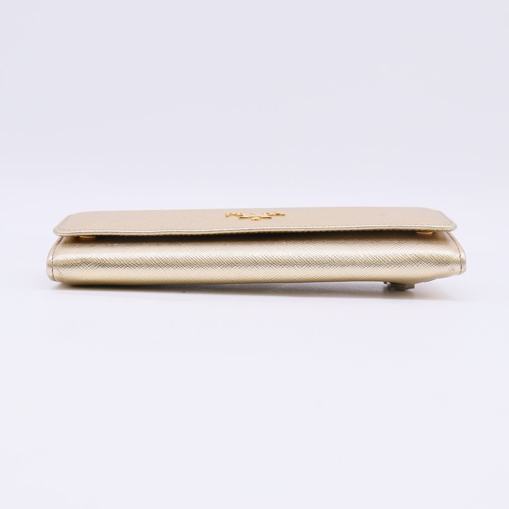 Gold Saffiano Metal Leather Logo Flap Continental Wallet W22704