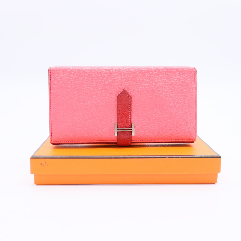 Hermes Bi-Color Rose Lipstick/Rouge Casaque Chevre Mysore Leather Bearn Wallet