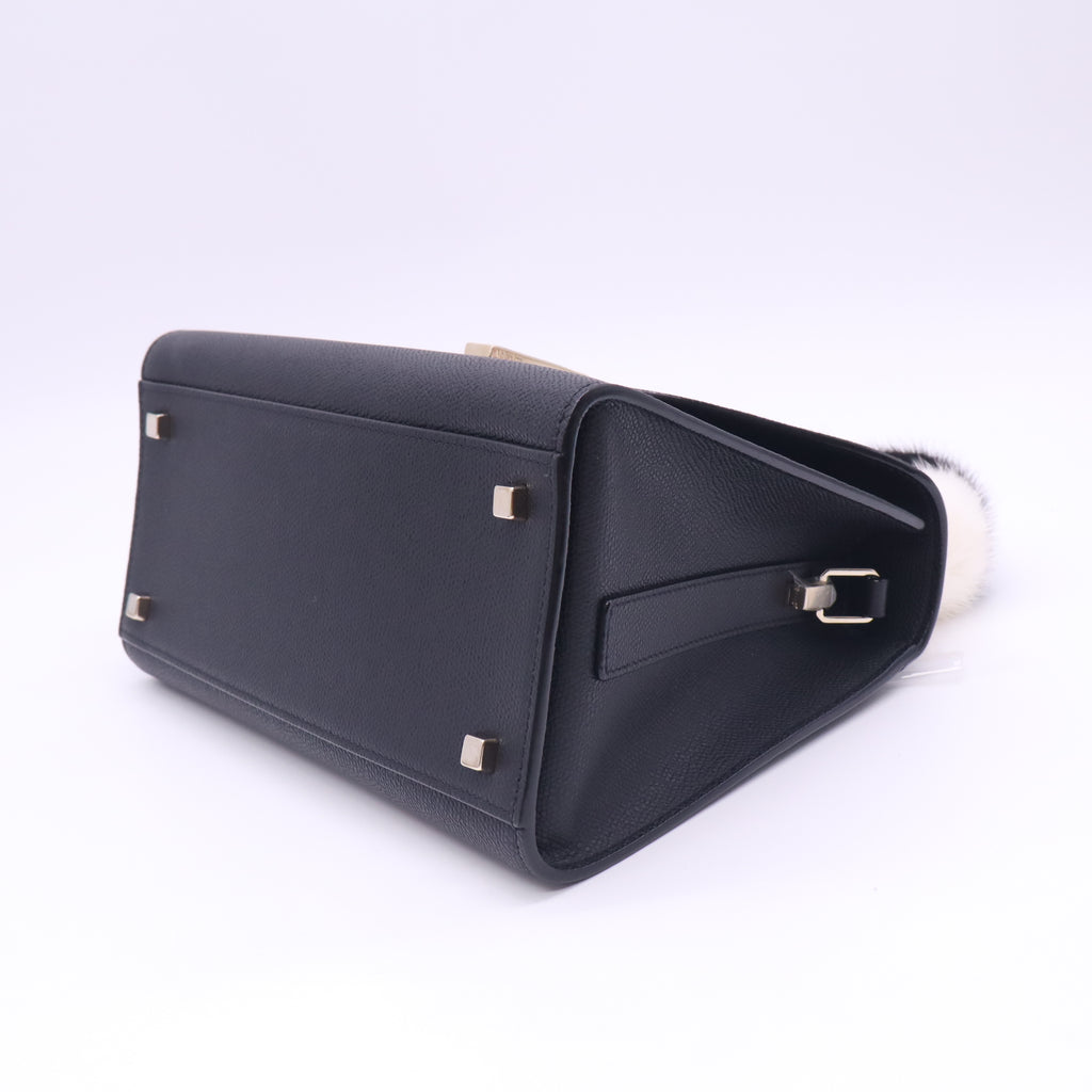 Valextra Iside Medium Grained Leather Bag Black and White Mink Fur Top Handle Limited Edition Twins LDJ5972