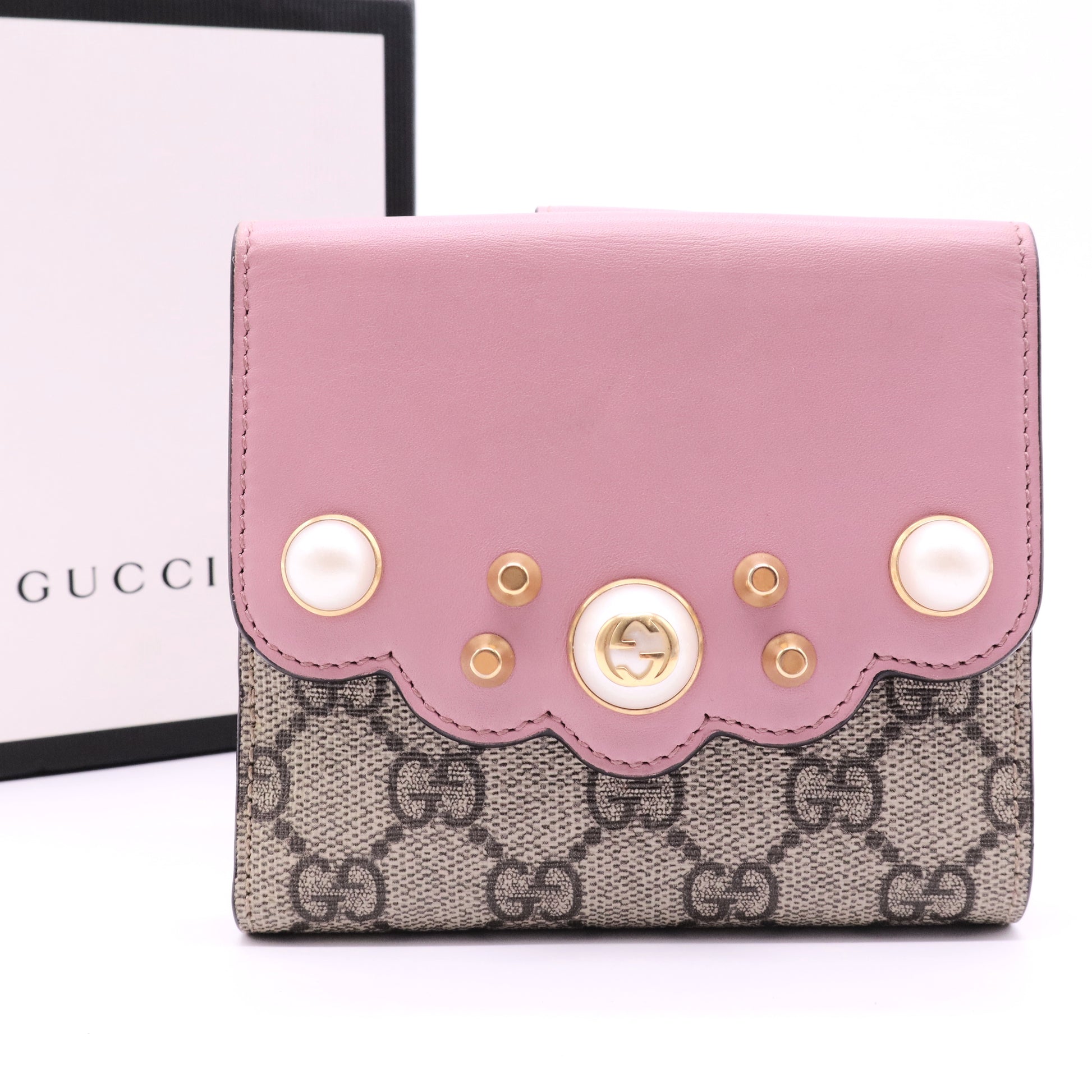 GG Supreme Monogram Pearl Studded French Wallet