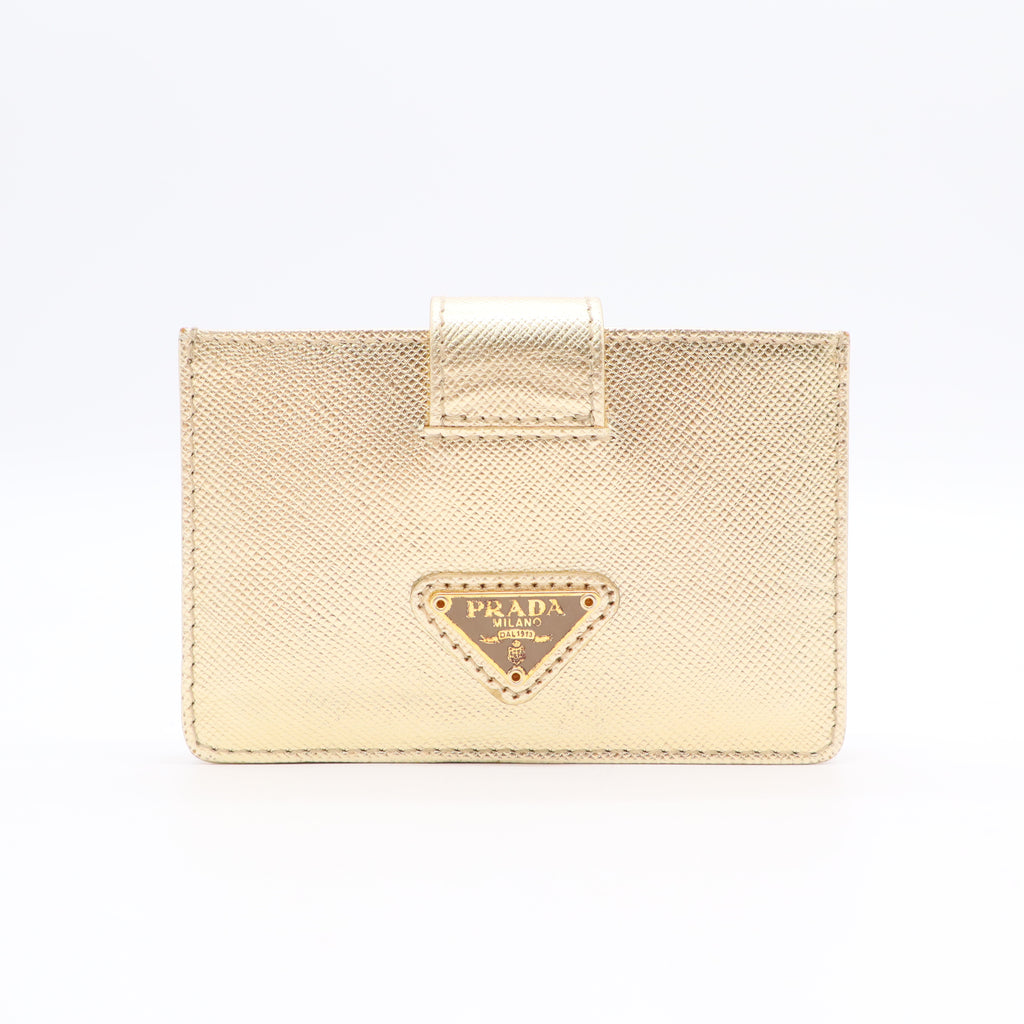 Prada Metallic Saffiano City Calf Triangle Card Holder Gold Twins LDJ3114