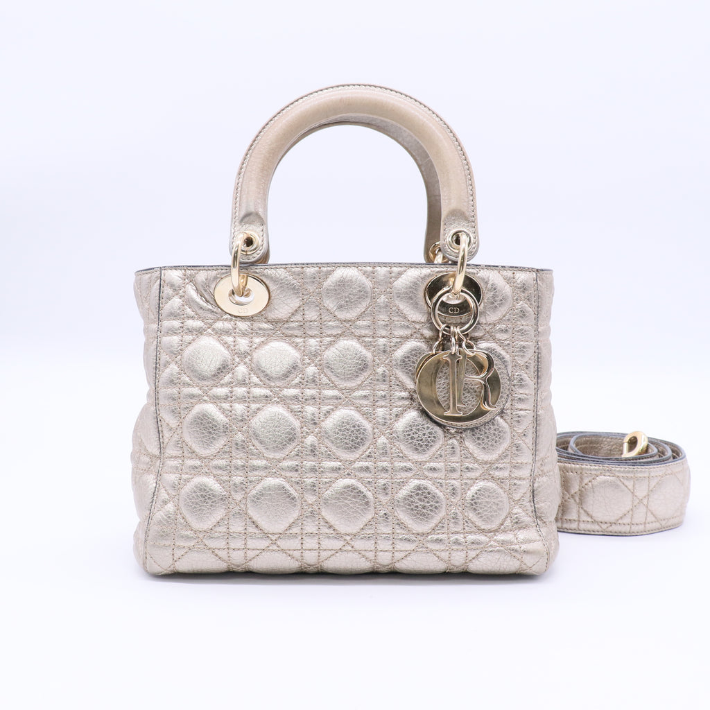 Christian Dior Metallic Nubuck Cannage Medium Lady Dior Bronze Gold Twins