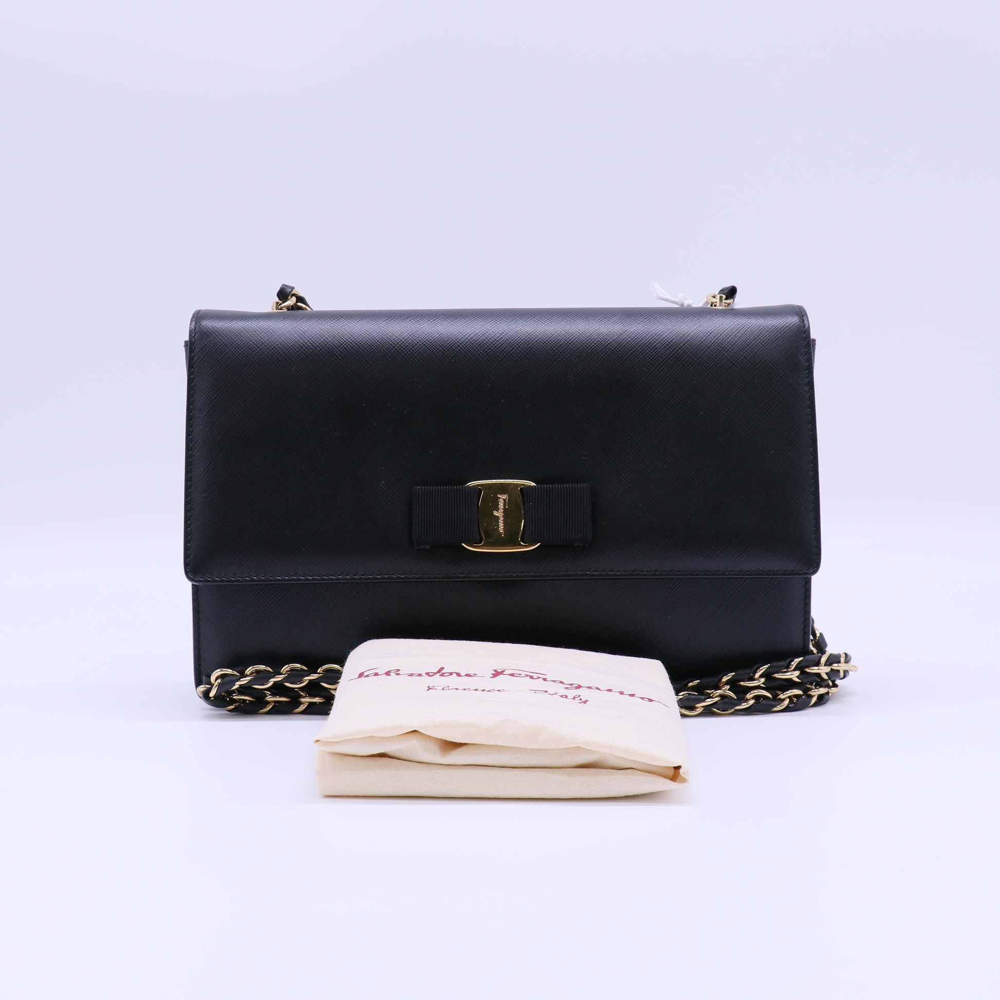 Salvatore Ferragamo Printed Calfskin Vara Bow Chain Flap Crossbody Black Twins LDJ4246