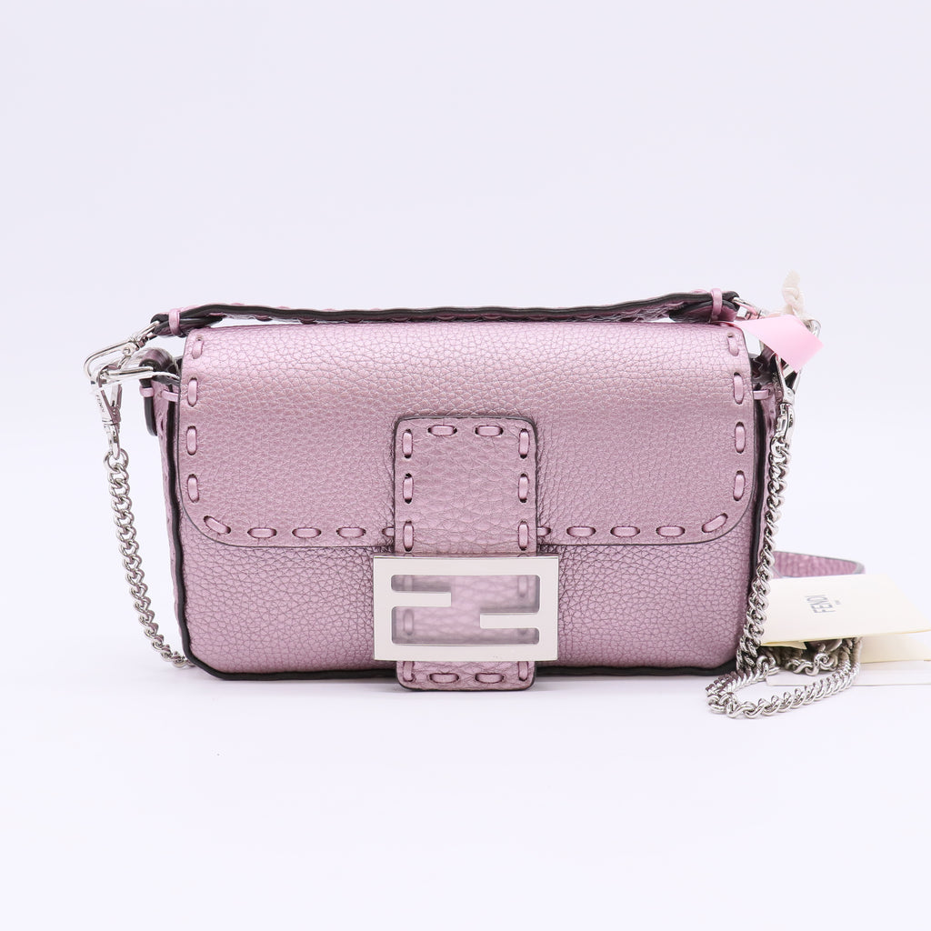 Baguette Mini Pink Metallic Selleria Bag with Hand-Sewn Topstitches twins LDJ5711
