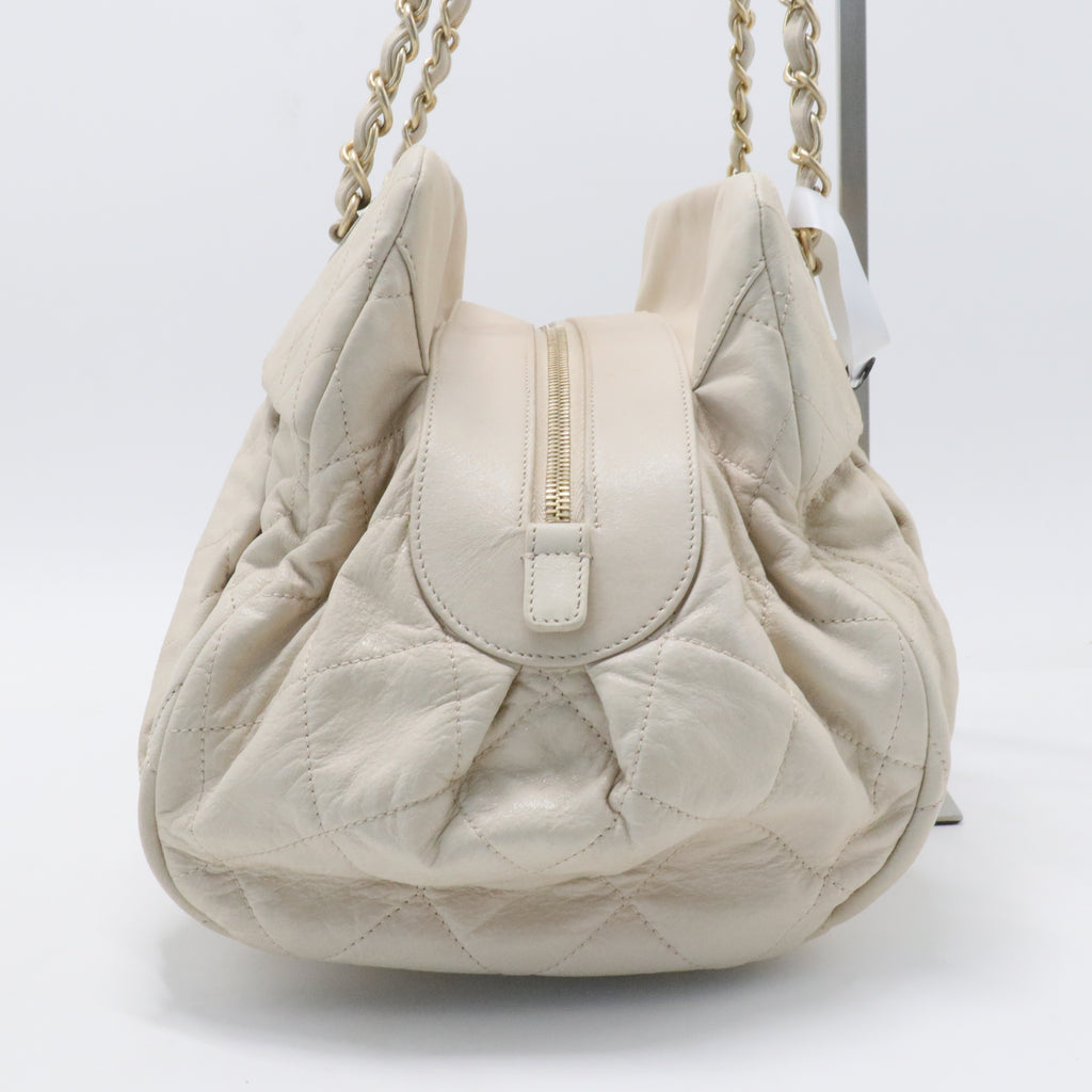 Iridescent Calfskin Chic Quilt Bowling Bag White