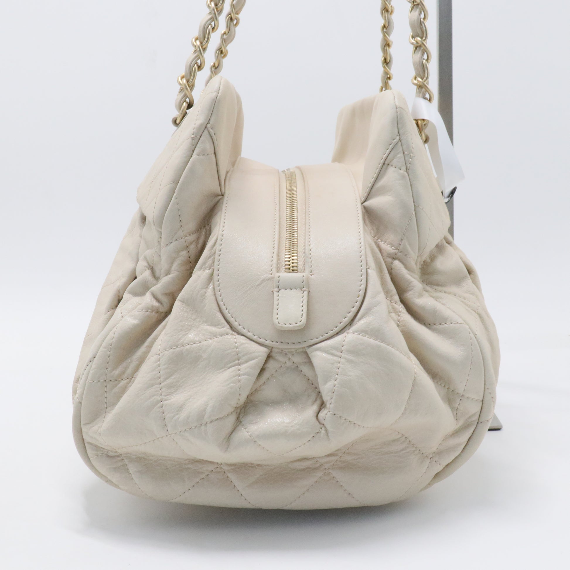 Iridescent Calfskin Chic Quilt Bowling Bag White