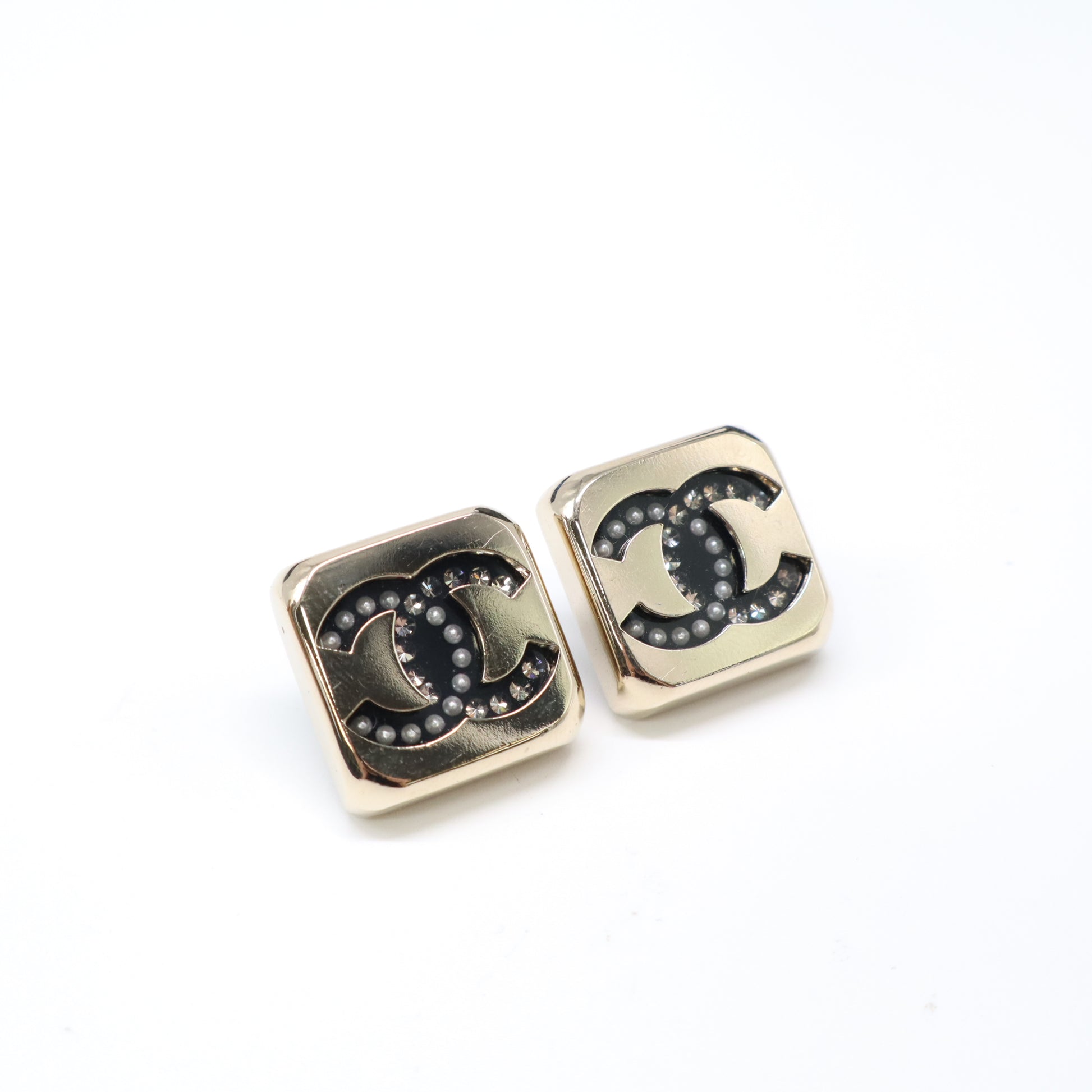 Chanel CC Stud Square Metal With Crystals Earrings Twins W21541