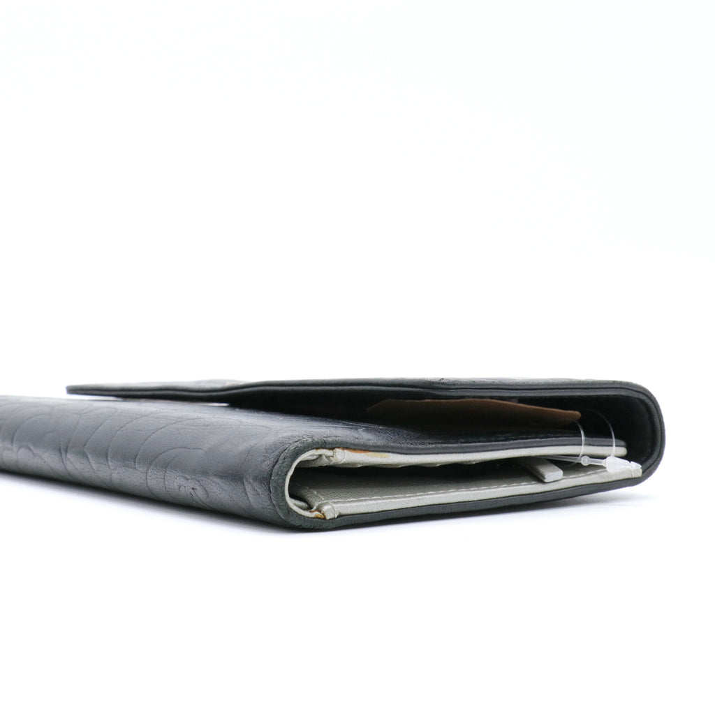 Lambskin Embossed Camellia Large Gusset Flap Wallet Black twins