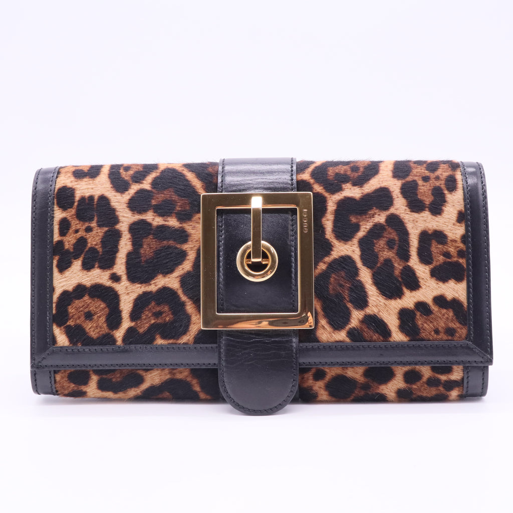Brown/Black Leopard Print Calfhair and Leather Lady Buckle Clutch