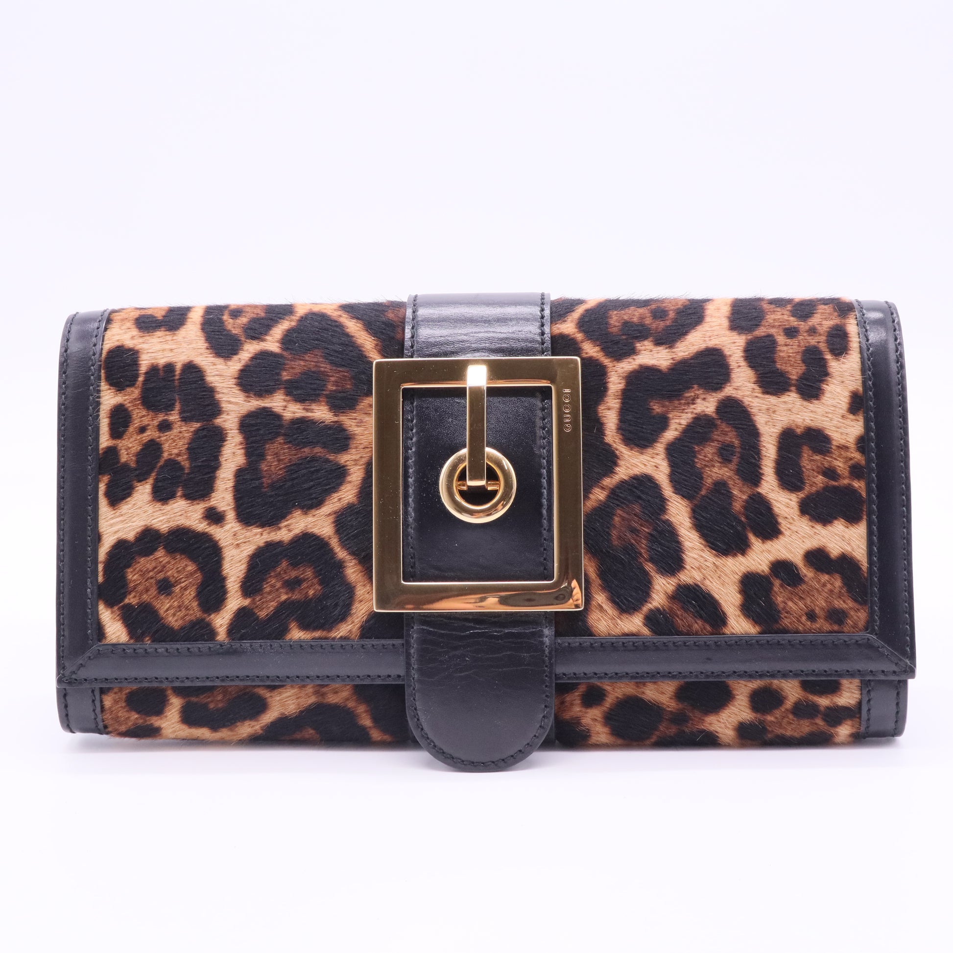 Brown/Black Leopard Print Calfhair and Leather Lady Buckle Clutch